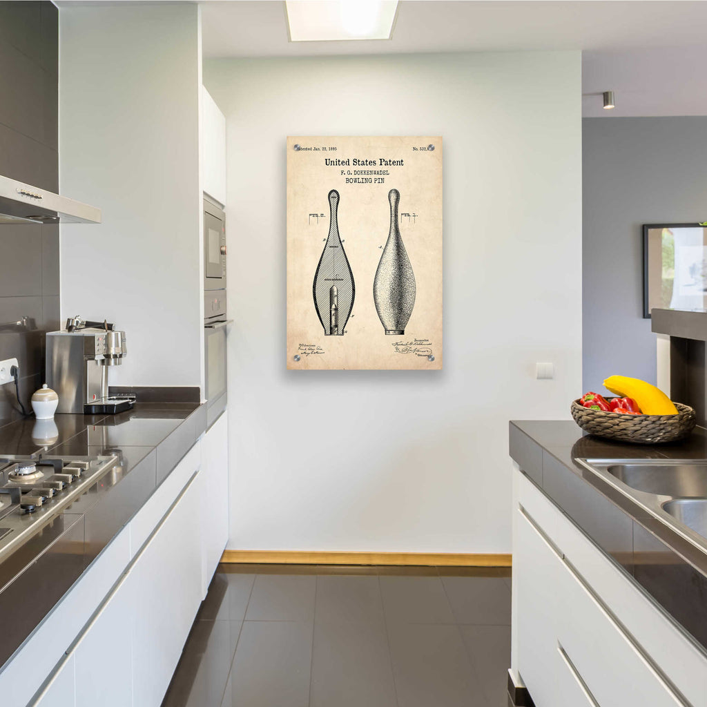 Epic Art 'Bowling Pin Blueprint Patent Parchment,' Acrylic Glass Wall Art,24x36