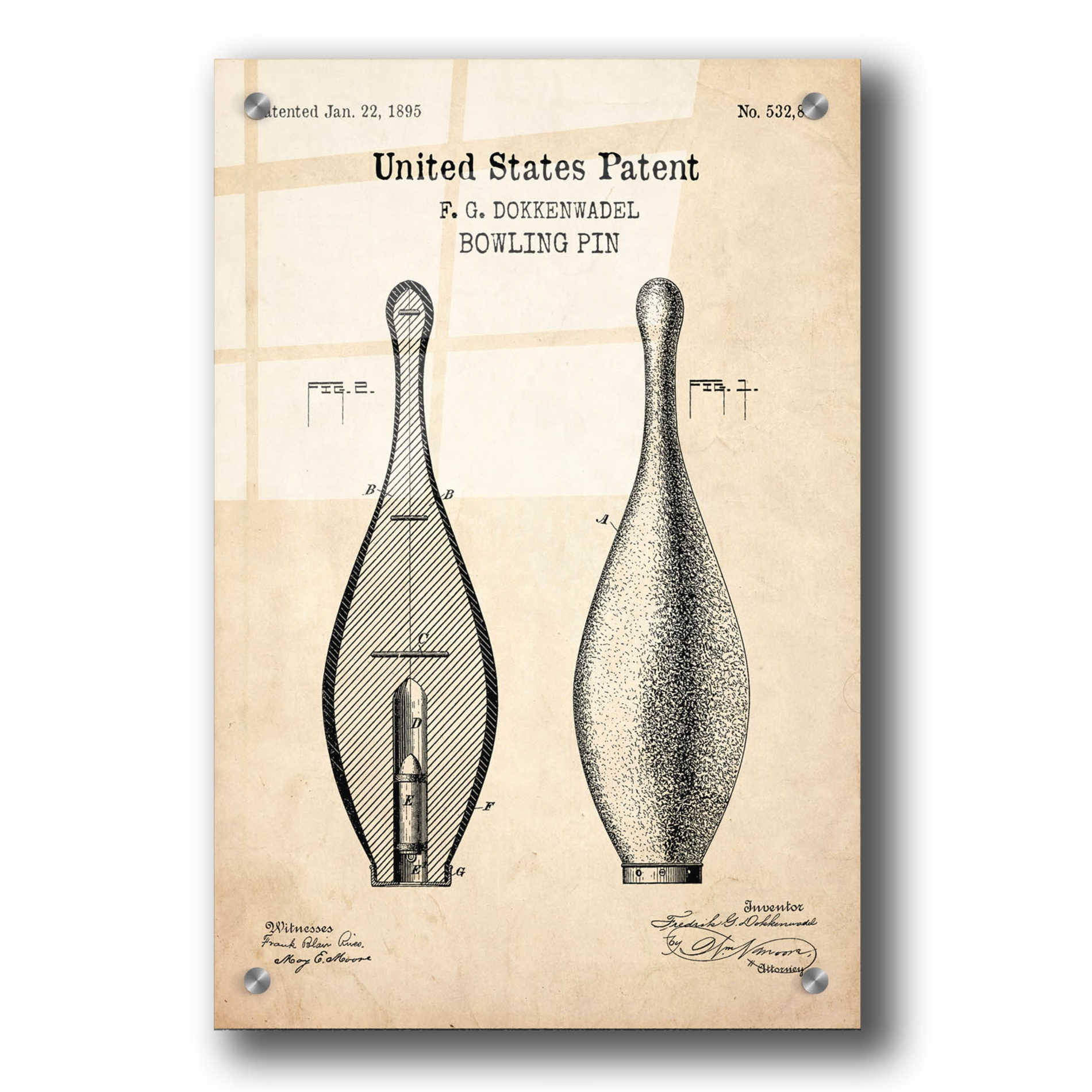 Epic Art 'Bowling Pin Blueprint Patent Parchment,' Acrylic Glass Wall Art,24x36