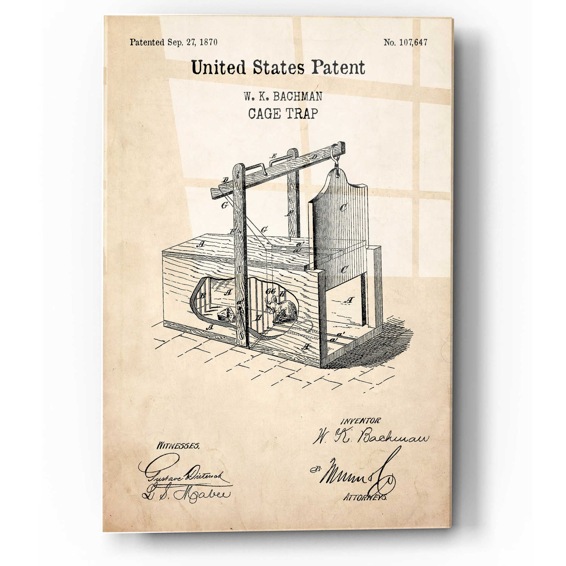 Epic Art 'Cage Trap Blueprint Patent Parchment,' Acrylic Glass Wall Art,12x16