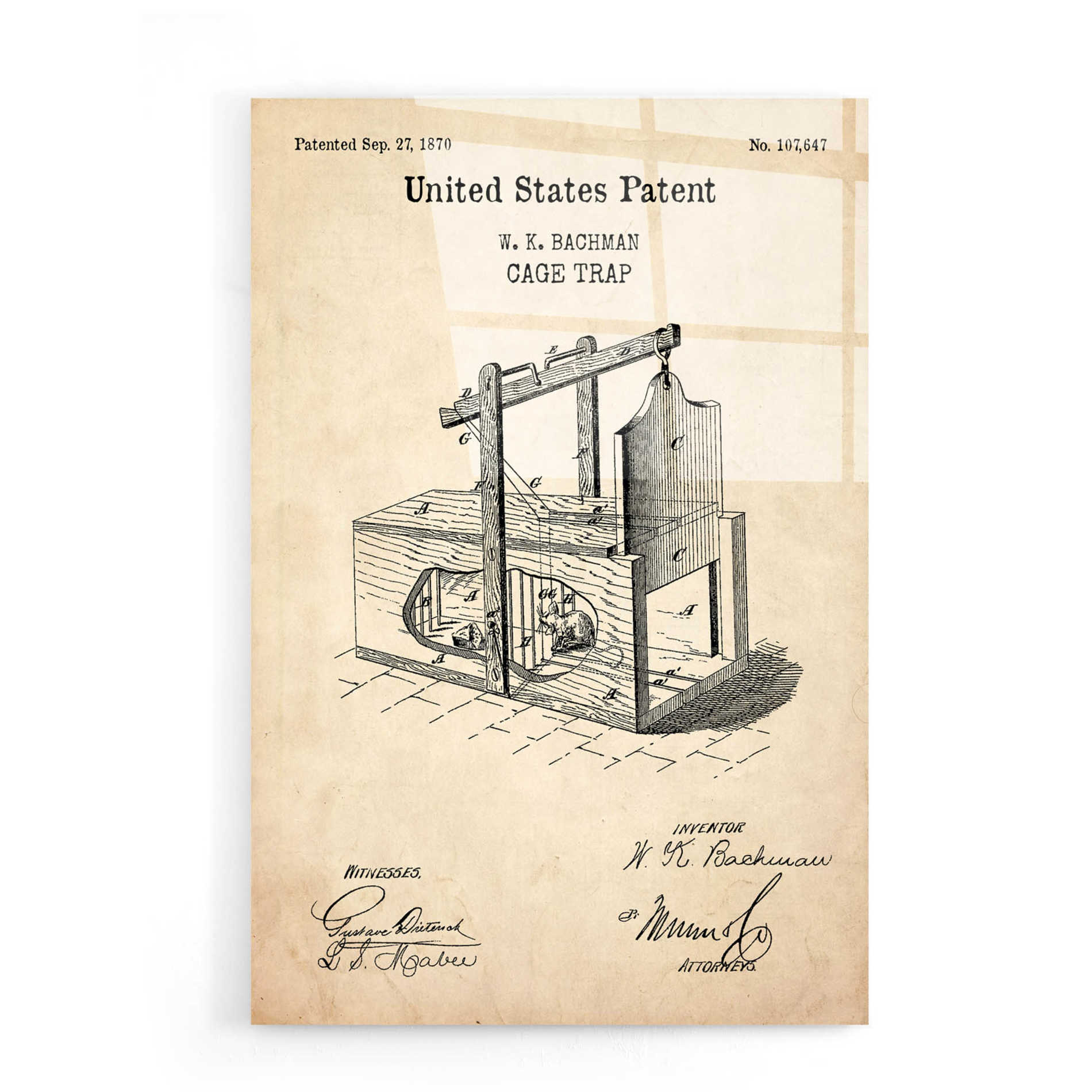 Epic Art 'Cage Trap Blueprint Patent Parchment,' Acrylic Glass Wall Art,16x24