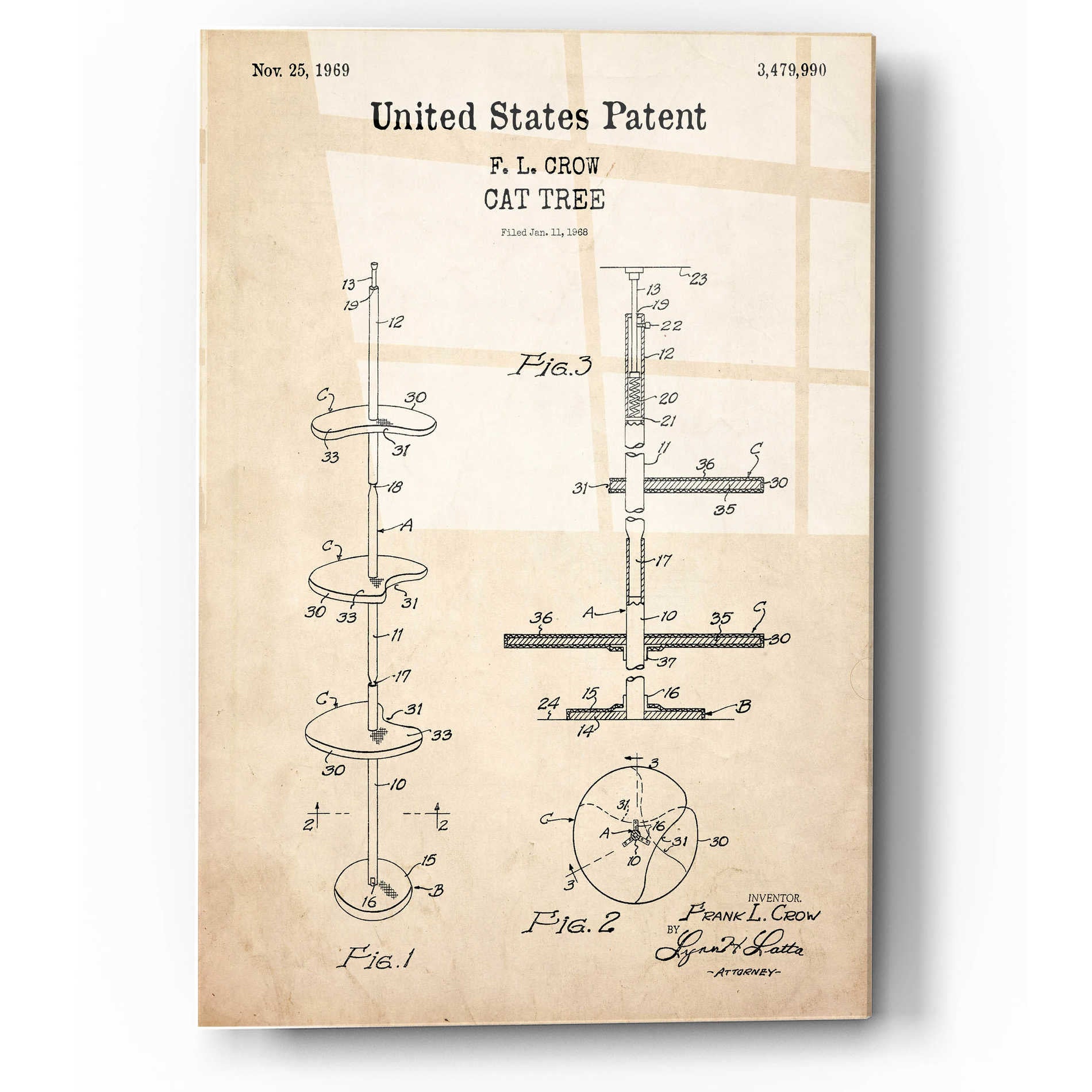 Epic Art 'Cat Tree Blueprint Patent Parchment,' Acrylic Glass Wall Art,12x16