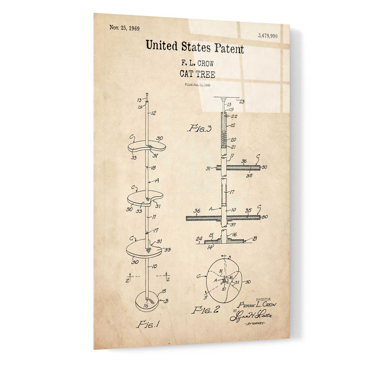 Epic Art 'Cat Tree Blueprint Patent Parchment,' Acrylic Glass Wall Art,16x24