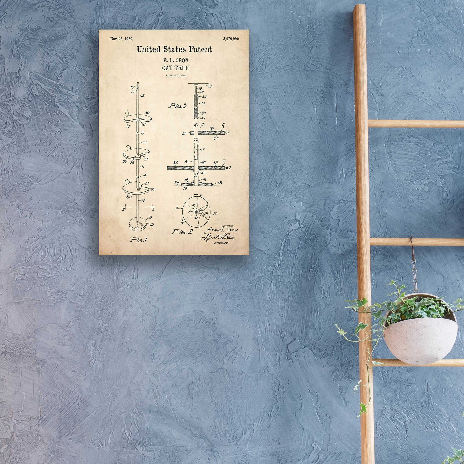 Epic Art 'Cat Tree Blueprint Patent Parchment,' Acrylic Glass Wall Art,16x24