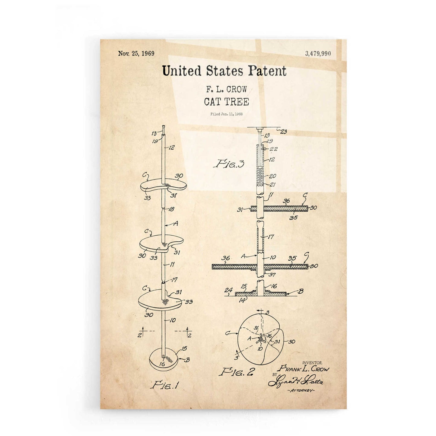 Epic Art 'Cat Tree Blueprint Patent Parchment,' Acrylic Glass Wall Art,16x24