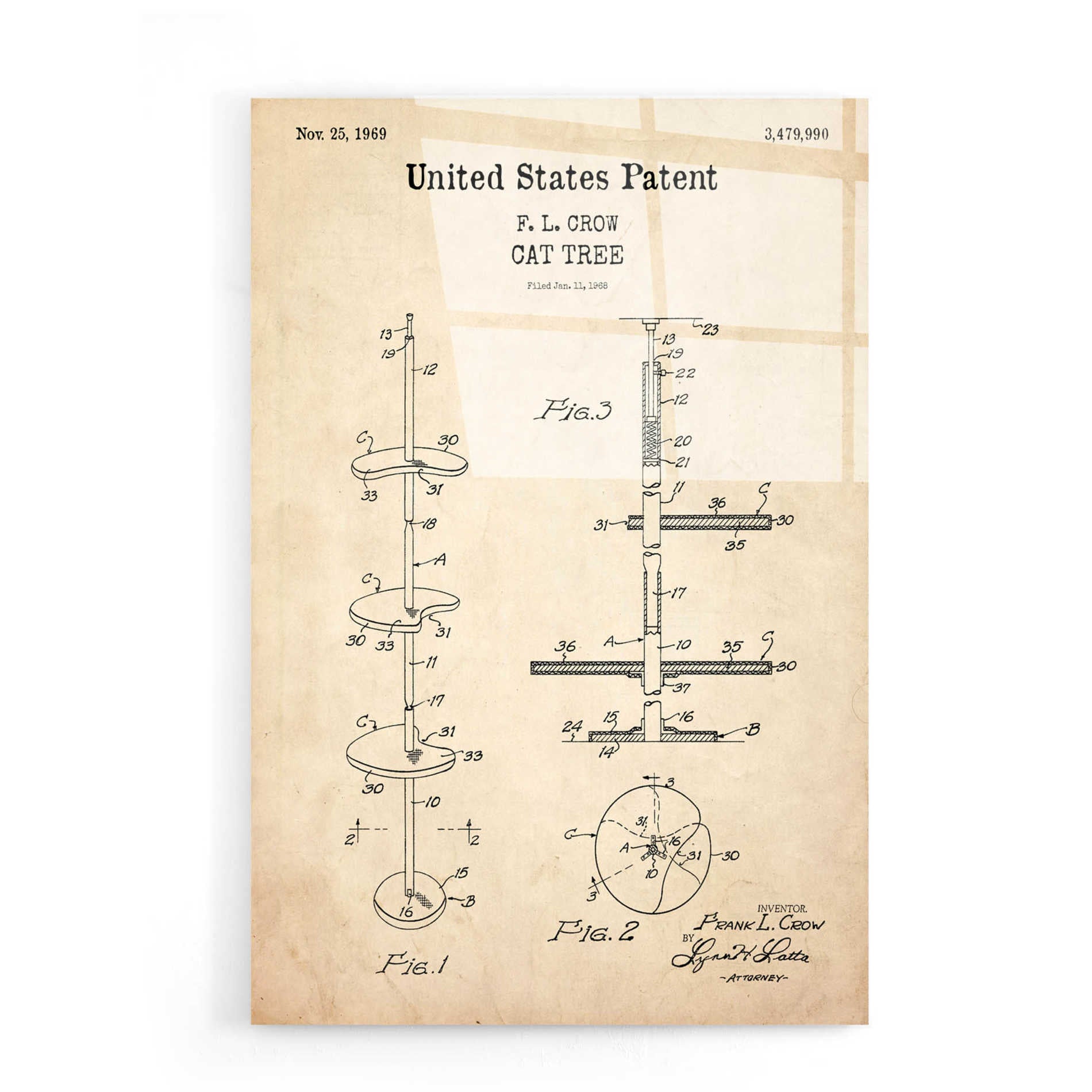 Epic Art 'Cat Tree Blueprint Patent Parchment,' Acrylic Glass Wall Art,16x24