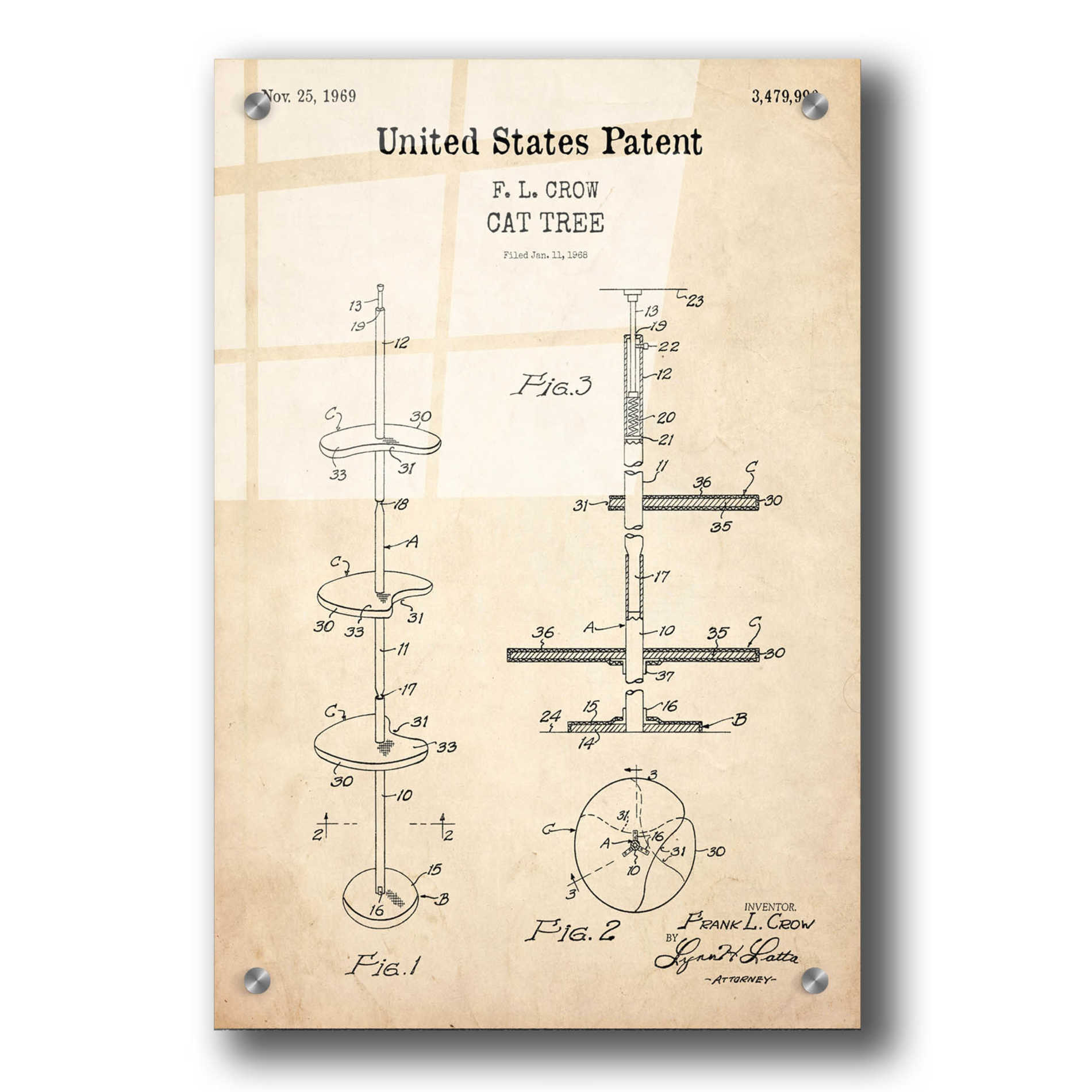 Epic Art 'Cat Tree Blueprint Patent Parchment,' Acrylic Glass Wall Art,24x36