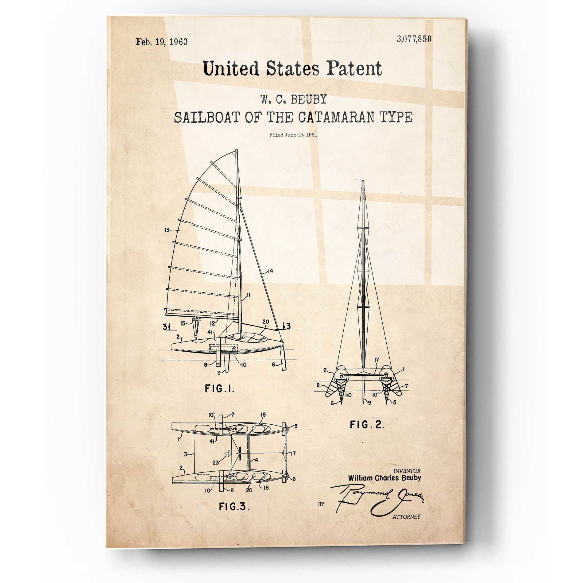 Epic Art 'Catamaran Sailboat Blueprint Patent Parchment,' Acrylic Glass Wall Art,12x16