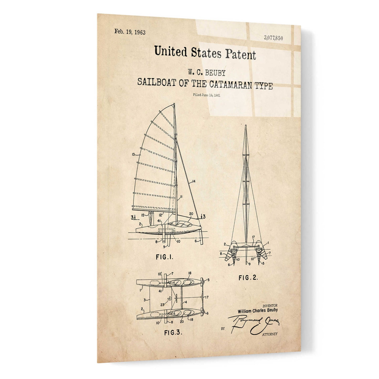 Epic Art 'Catamaran Sailboat Blueprint Patent Parchment,' Acrylic Glass Wall Art,16x24