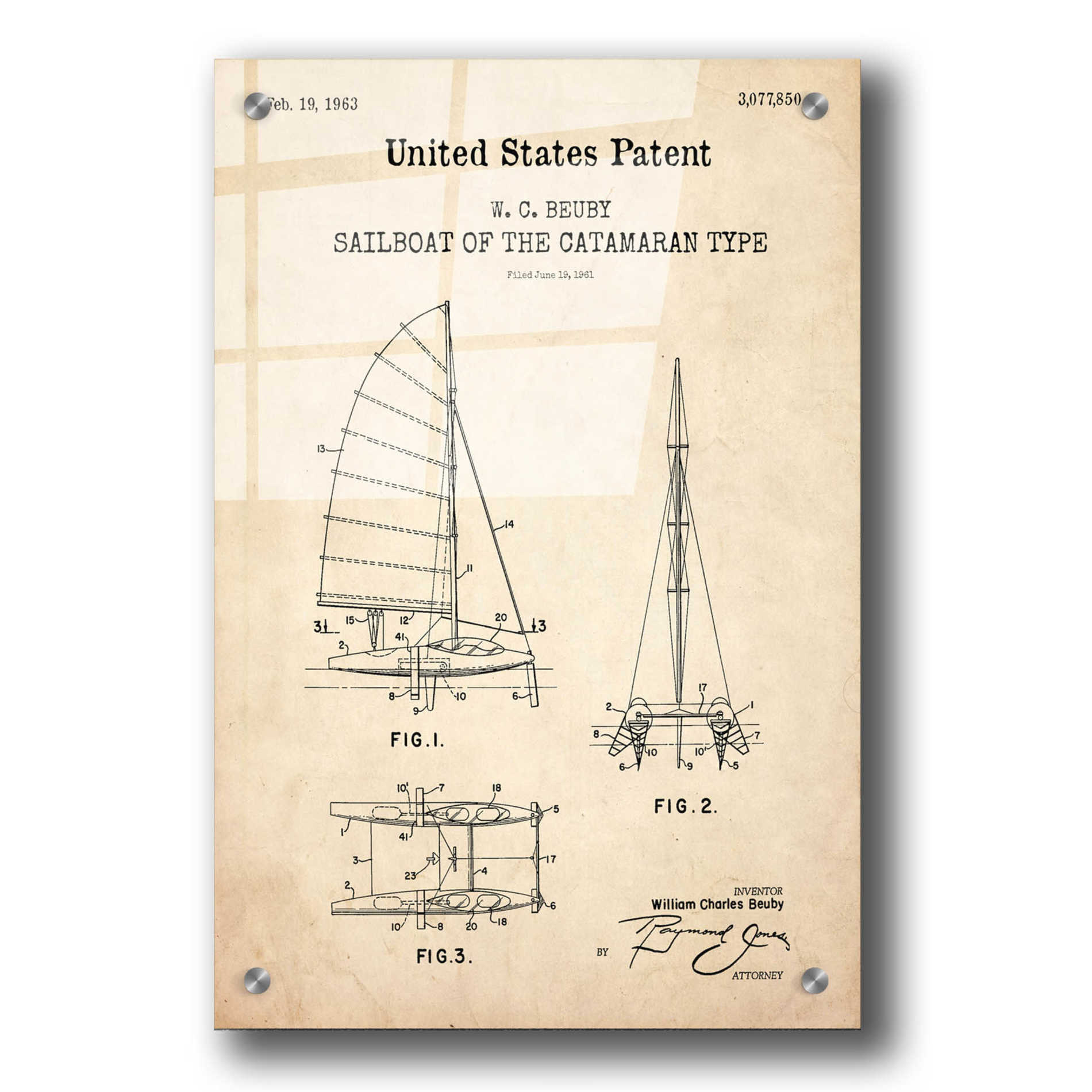 Epic Art 'Catamaran Sailboat Blueprint Patent Parchment,' Acrylic Glass Wall Art,24x36