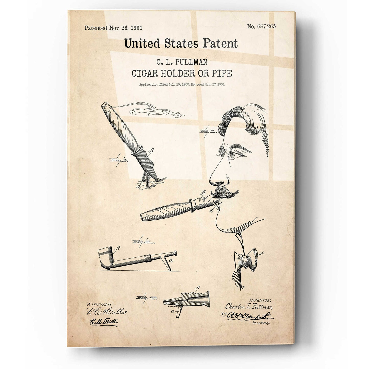Epic Art 'Cigar Holder Blueprint Patent Parchment,' Acrylic Glass Wall Art,12x16