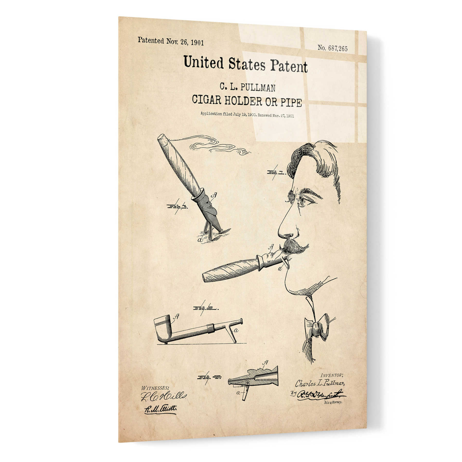 Epic Art 'Cigar Holder Blueprint Patent Parchment,' Acrylic Glass Wall Art,16x24