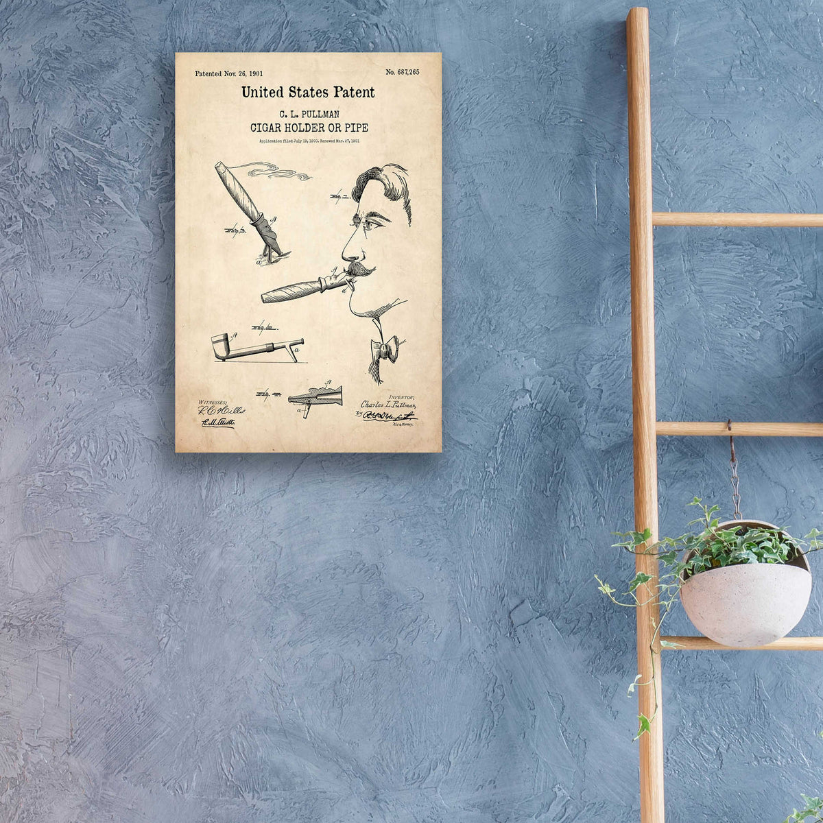 Epic Art 'Cigar Holder Blueprint Patent Parchment,' Acrylic Glass Wall Art,16x24