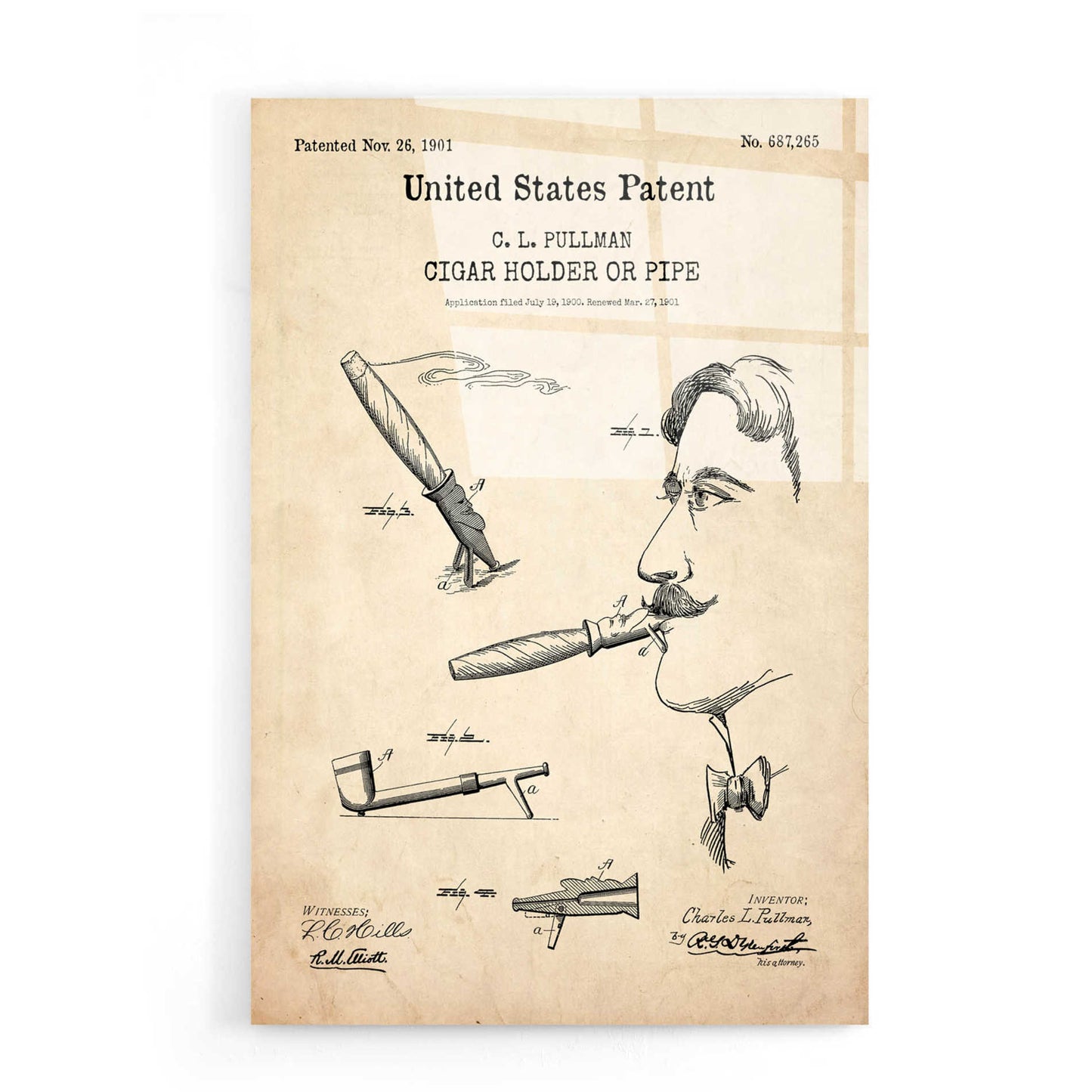 Epic Art 'Cigar Holder Blueprint Patent Parchment,' Acrylic Glass Wall Art,16x24