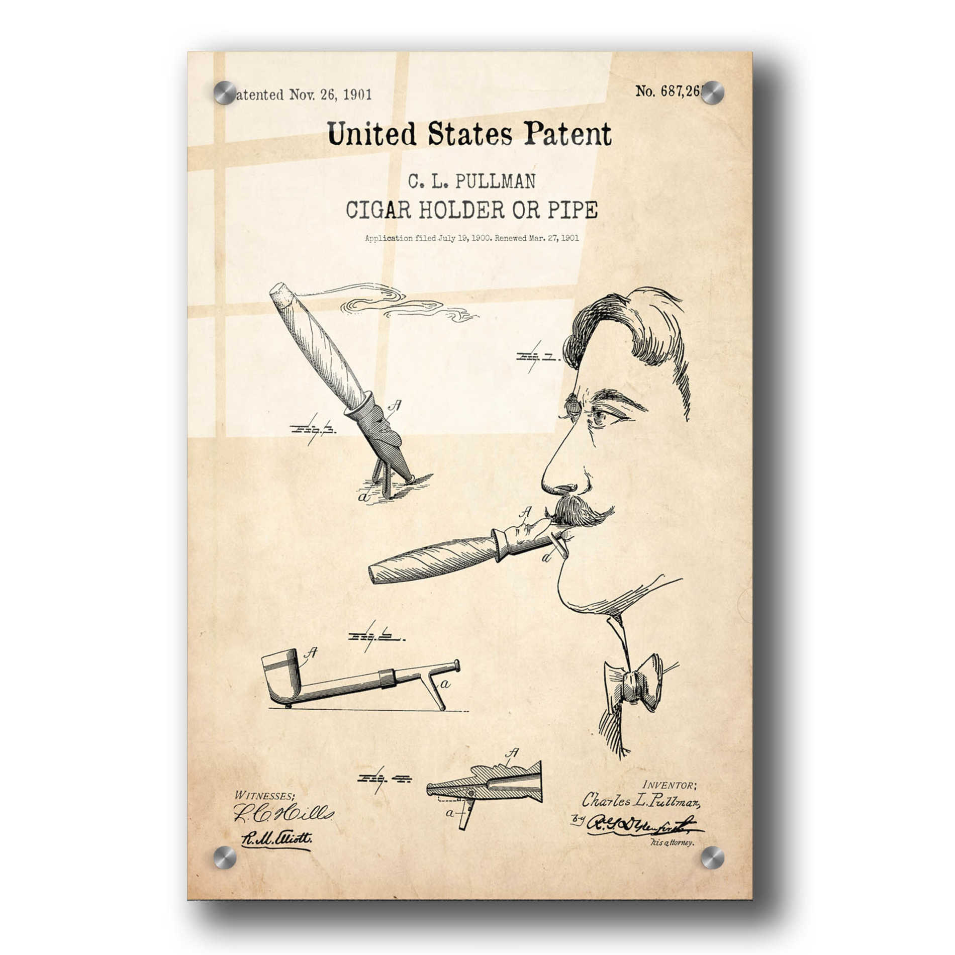 Epic Art 'Cigar Holder Blueprint Patent Parchment,' Acrylic Glass Wall Art,24x36