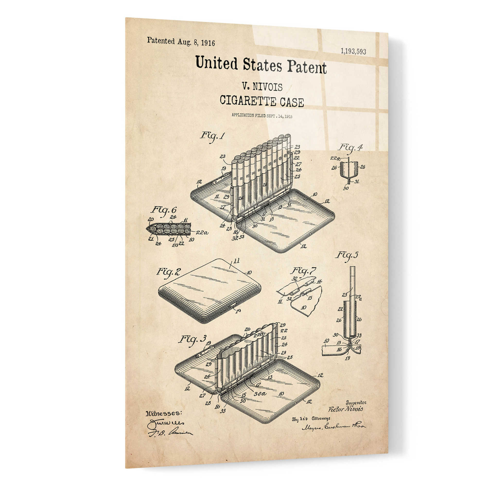 Epic Art 'Cigarette Case Blueprint Patent Parchment,' Acrylic Glass Wall Art,16x24