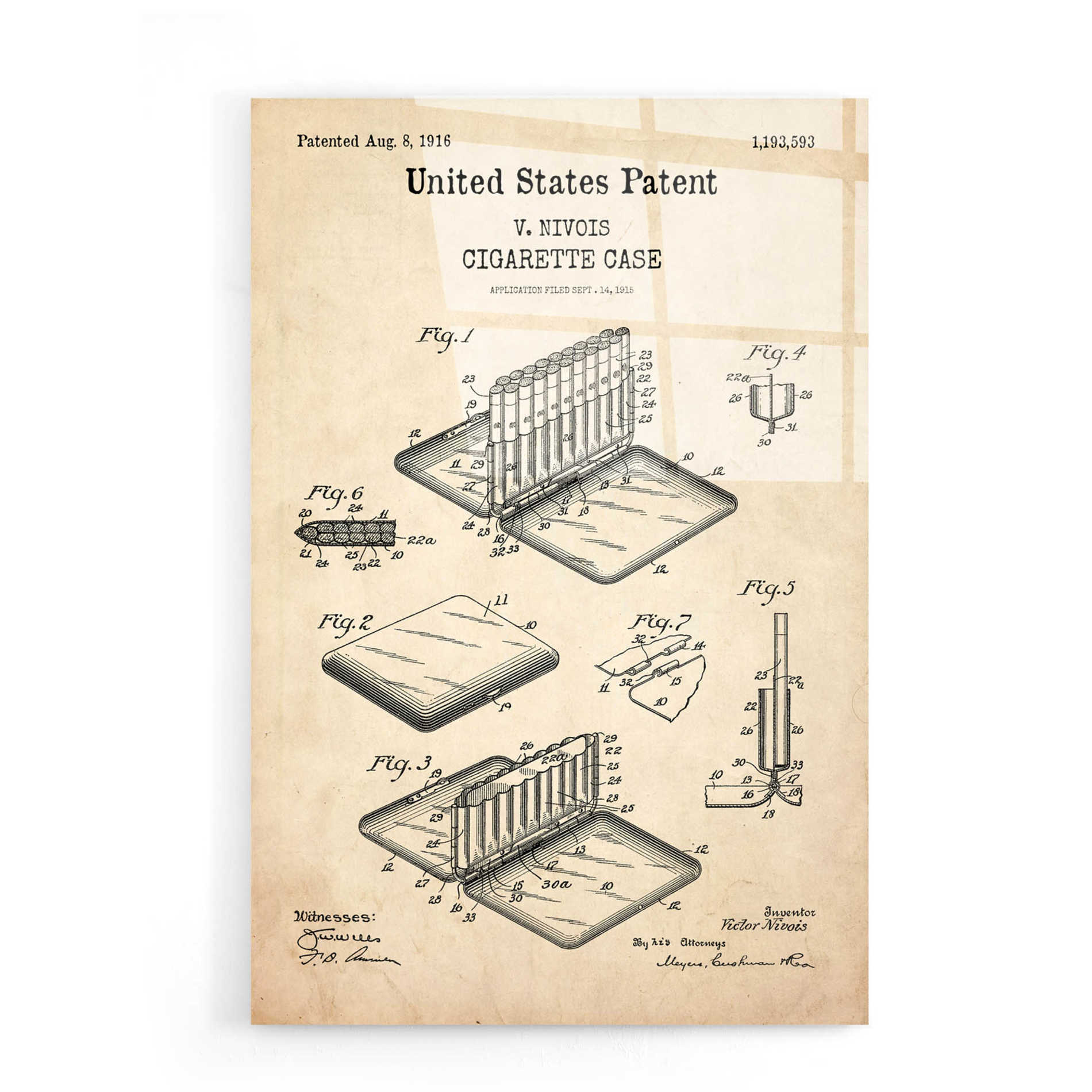 Epic Art 'Cigarette Case Blueprint Patent Parchment,' Acrylic Glass Wall Art,16x24