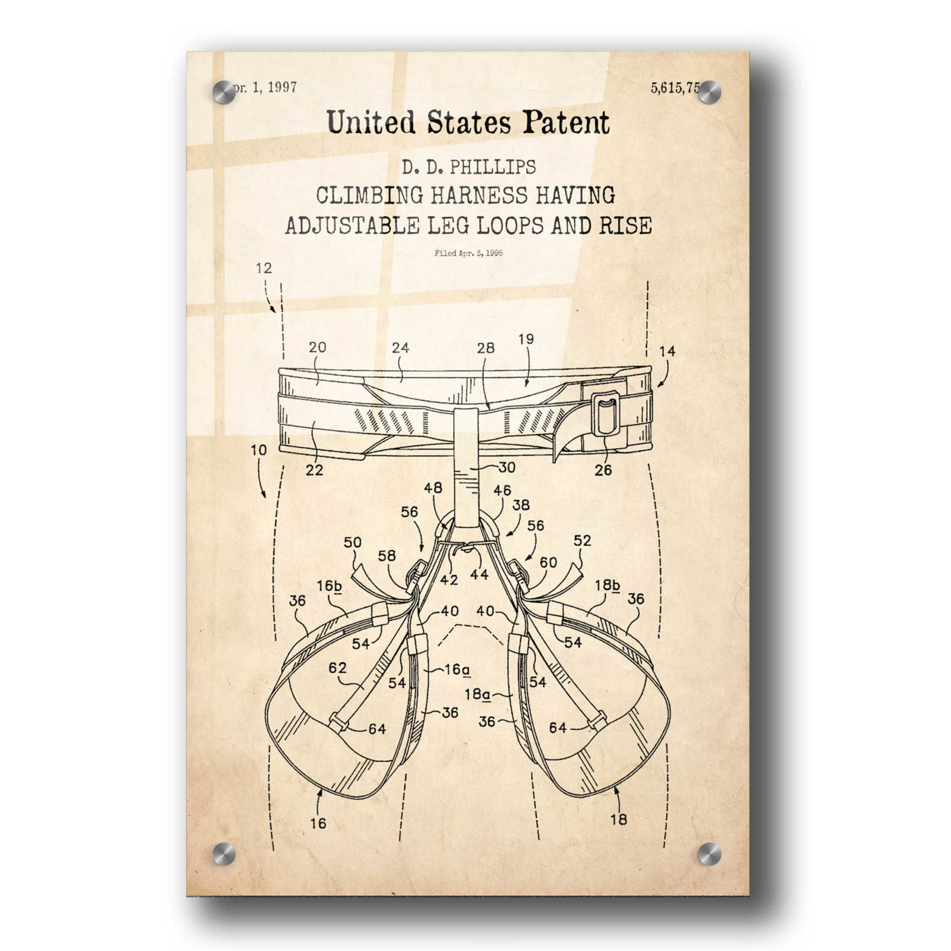 Epic Art 'Climbing Harness Blueprint Patent Parchment,' Acrylic Glass Wall Art,24x36