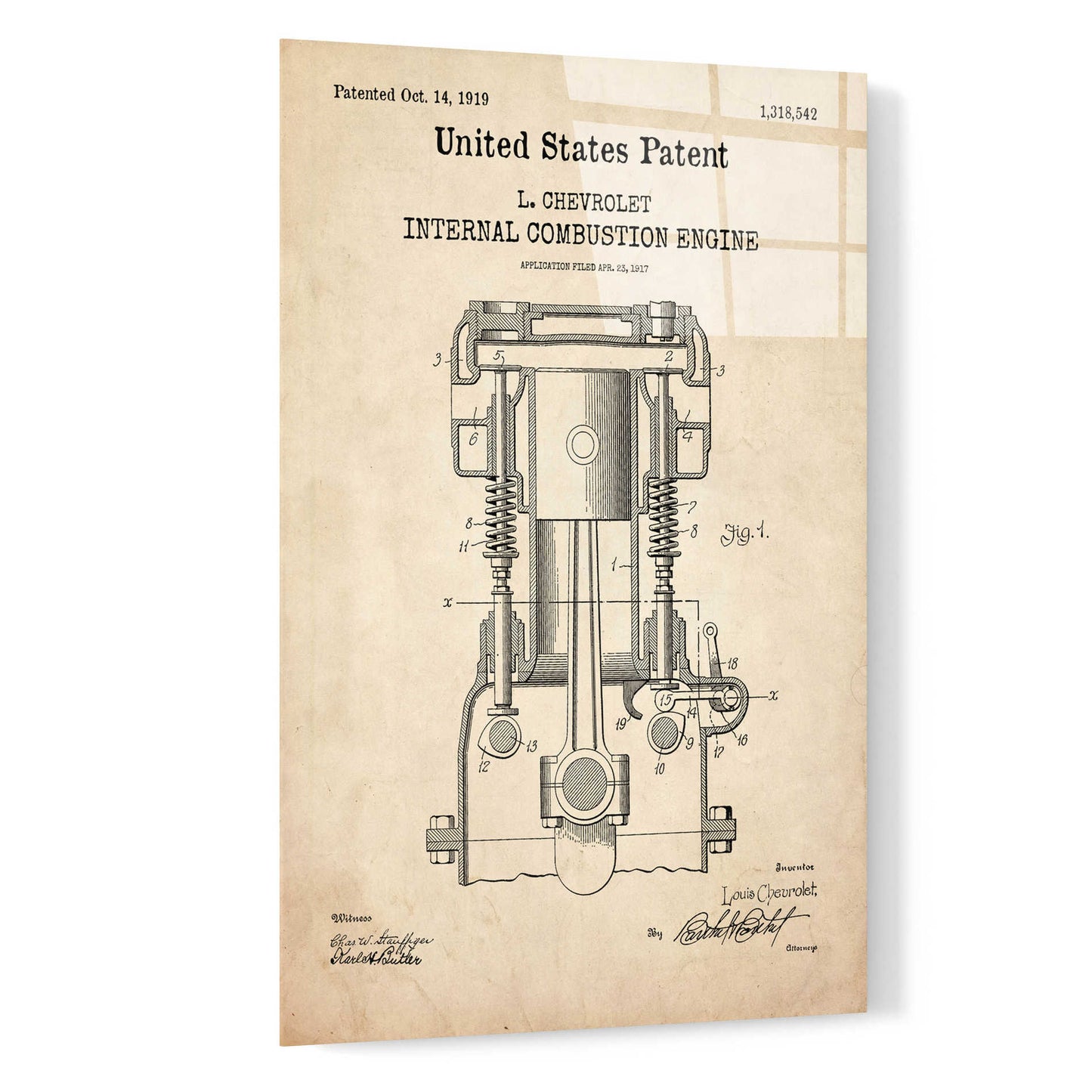 Epic Art 'Combustion Engine Blueprint Patent Parchment,' Acrylic Glass Wall Art,16x24