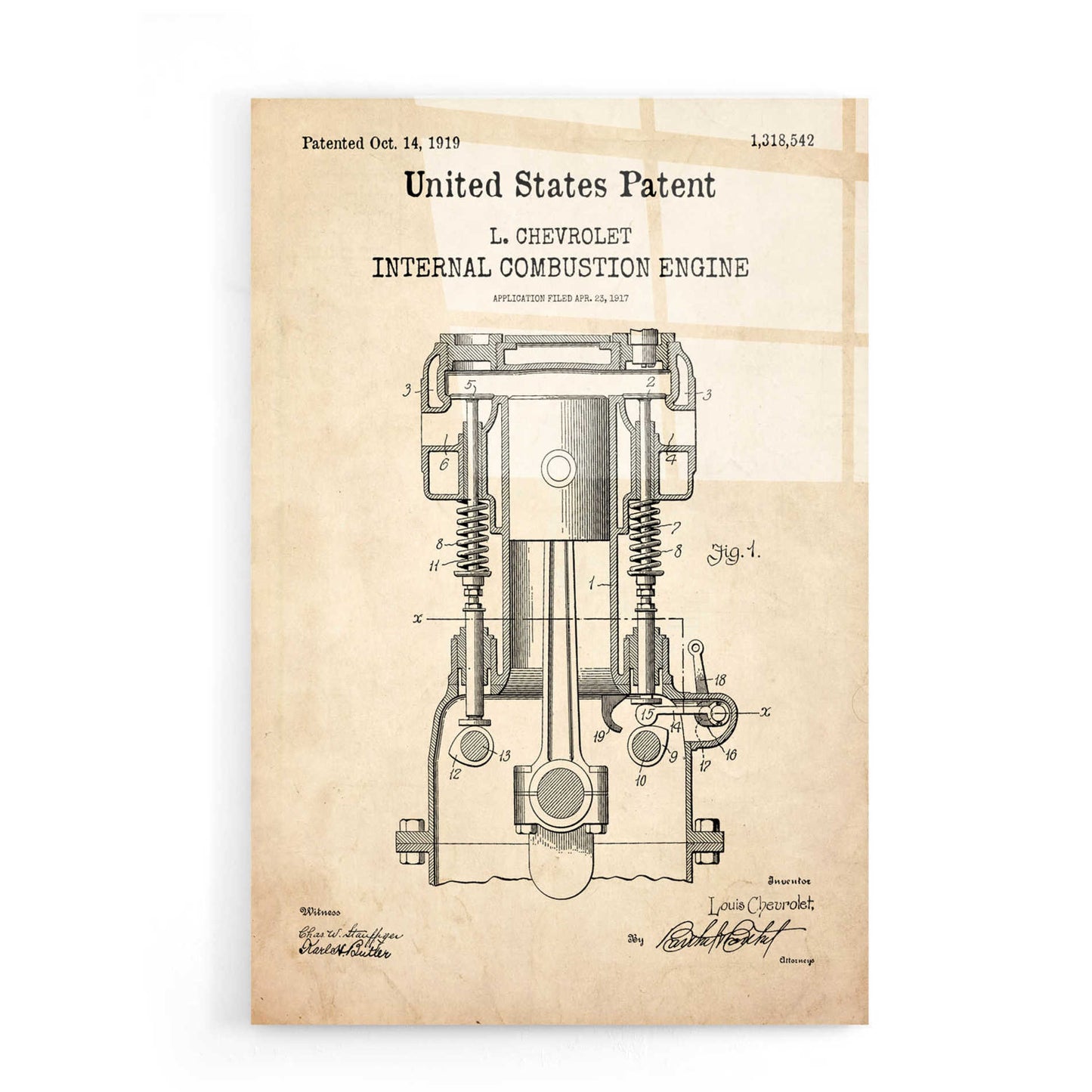 Epic Art 'Combustion Engine Blueprint Patent Parchment,' Acrylic Glass Wall Art,16x24
