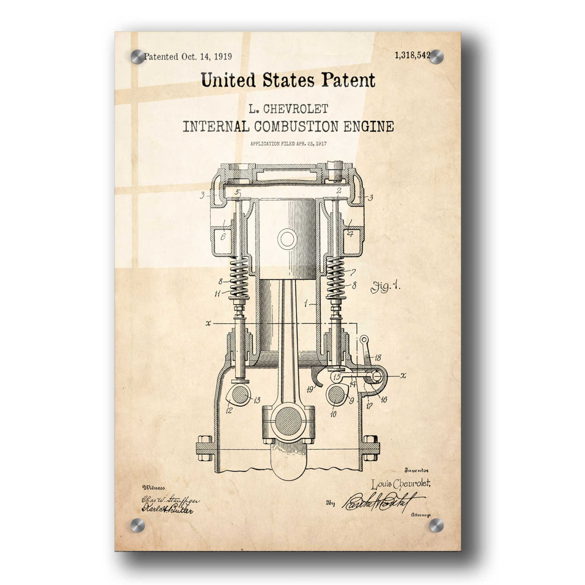 Epic Art 'Combustion Engine Blueprint Patent Parchment,' Acrylic Glass Wall Art,24x36