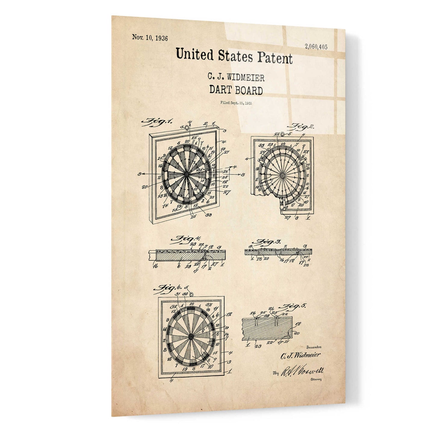 Epic Art 'Dart Board Blueprint Patent Parchment,' Acrylic Glass Wall Art,16x24