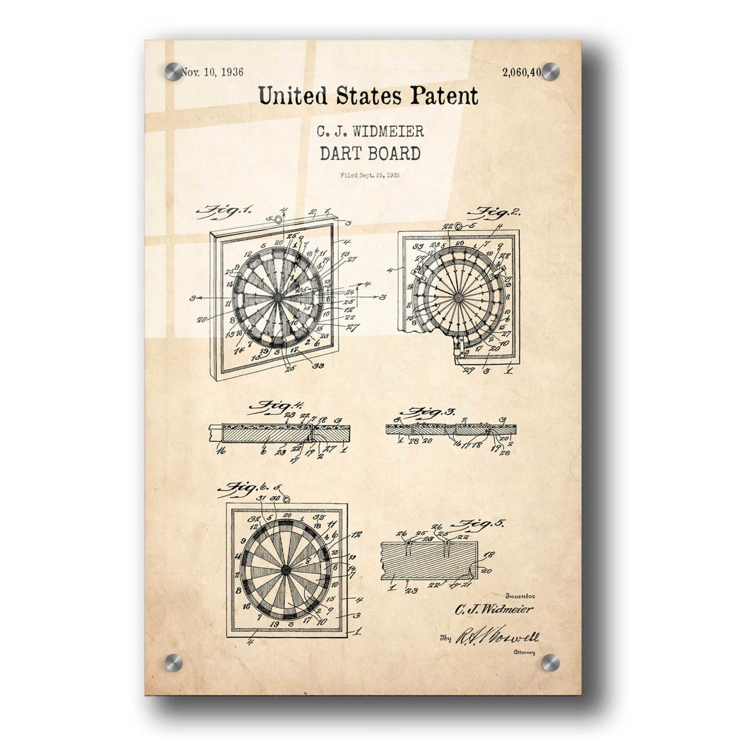 Epic Art 'Dart Board Blueprint Patent Parchment,' Acrylic Glass Wall Art,24x36