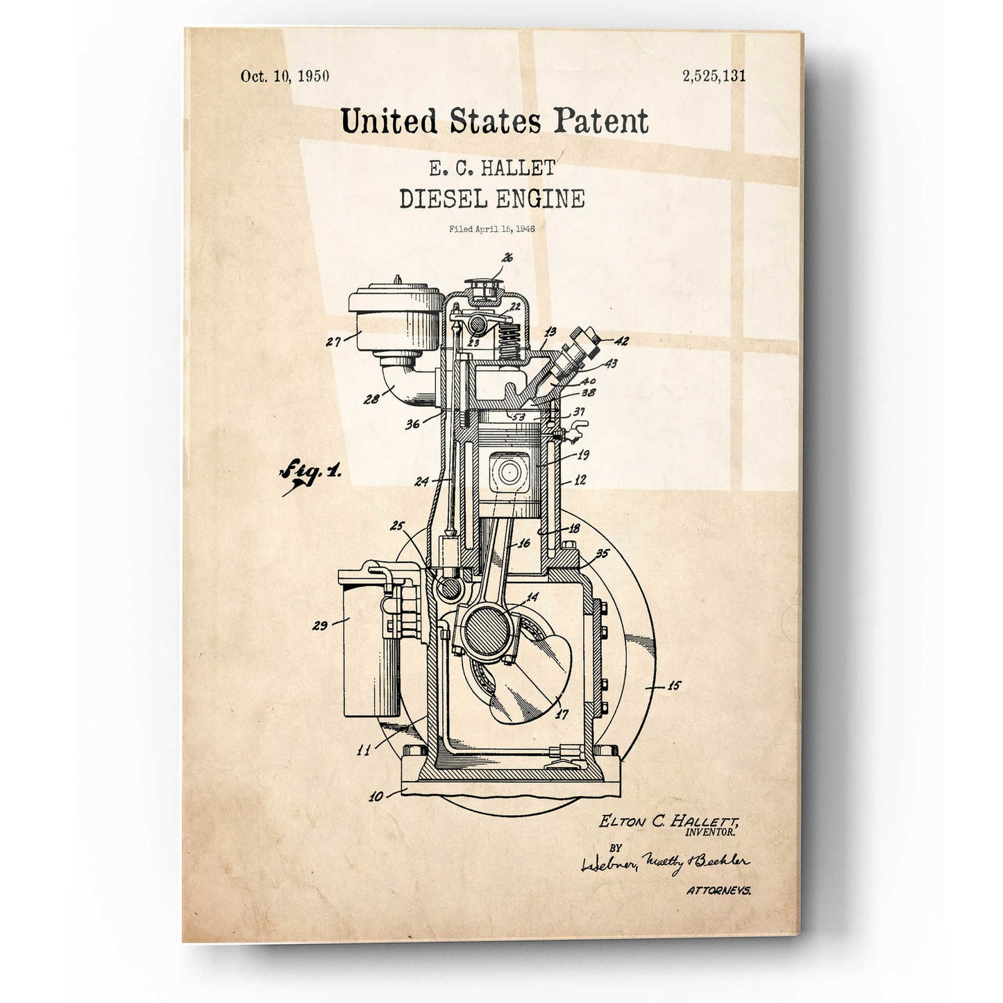 Epic Art 'Diesel Engine Blueprint Patent Parchment,' Acrylic Glass Wall Art,12x16