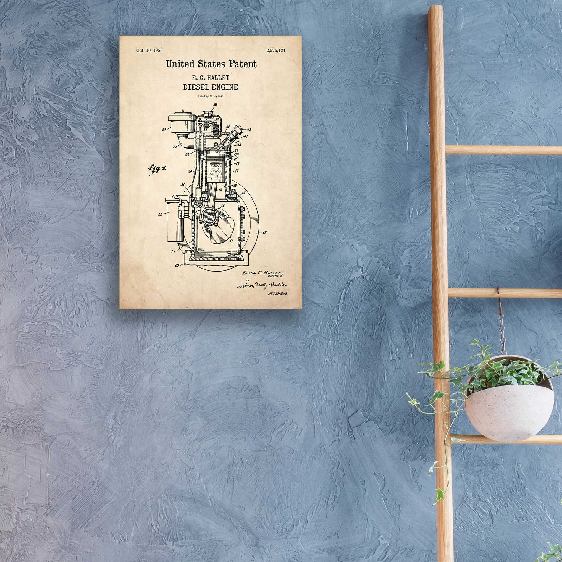 Epic Art 'Diesel Engine Blueprint Patent Parchment,' Acrylic Glass Wall Art,16x24