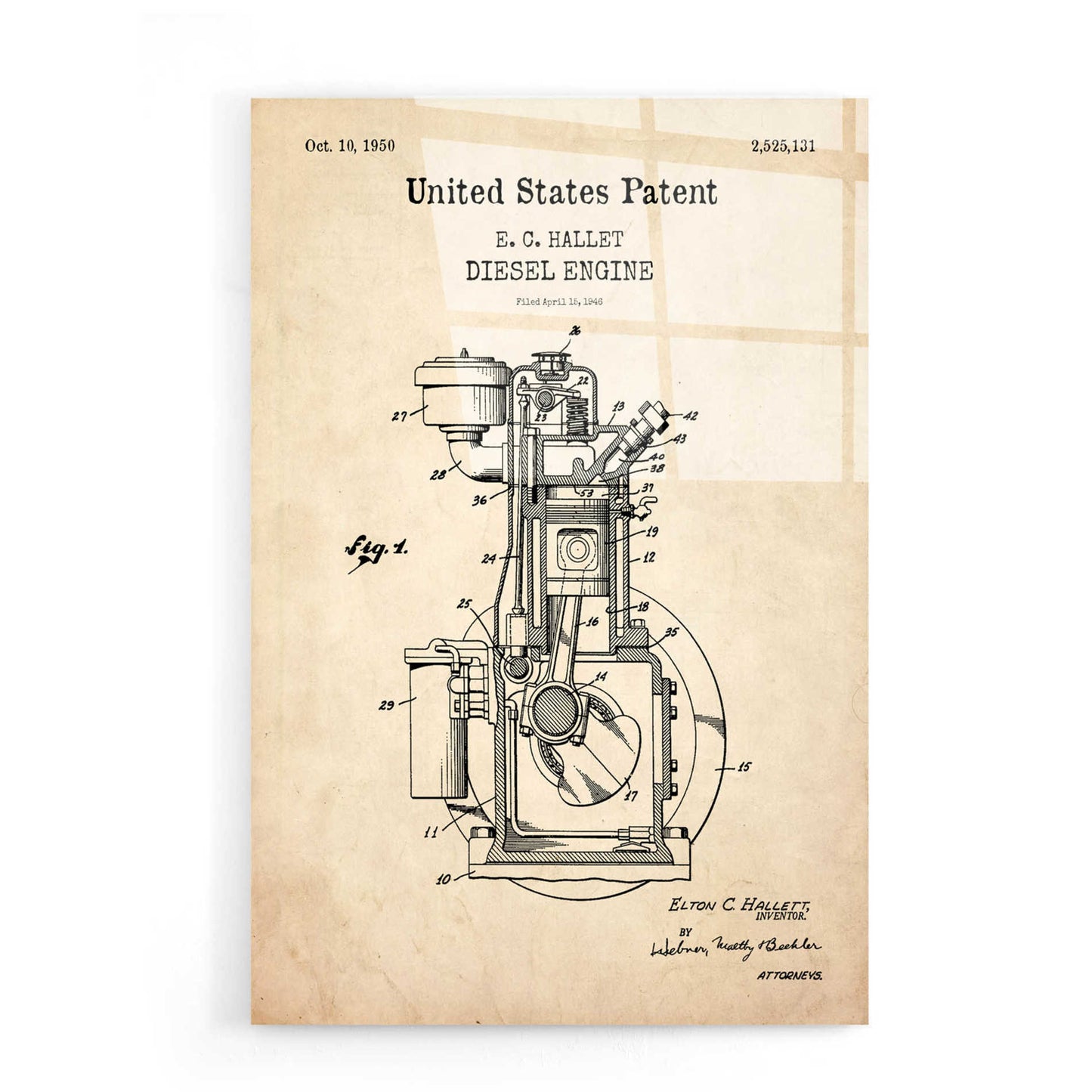Epic Art 'Diesel Engine Blueprint Patent Parchment,' Acrylic Glass Wall Art,16x24