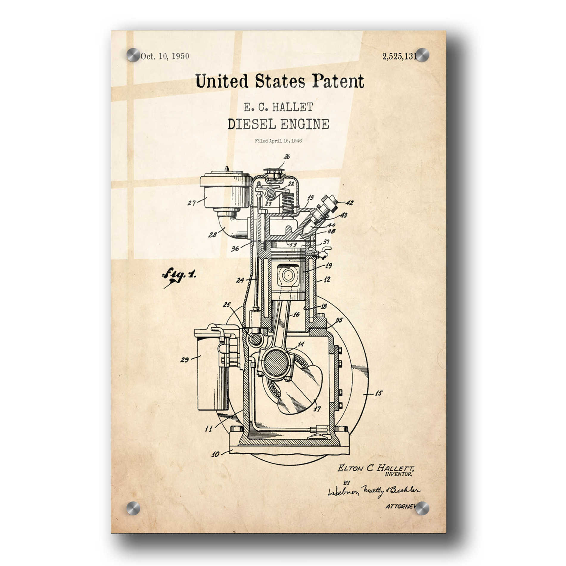 Epic Art 'Diesel Engine Blueprint Patent Parchment,' Acrylic Glass Wall Art,24x36