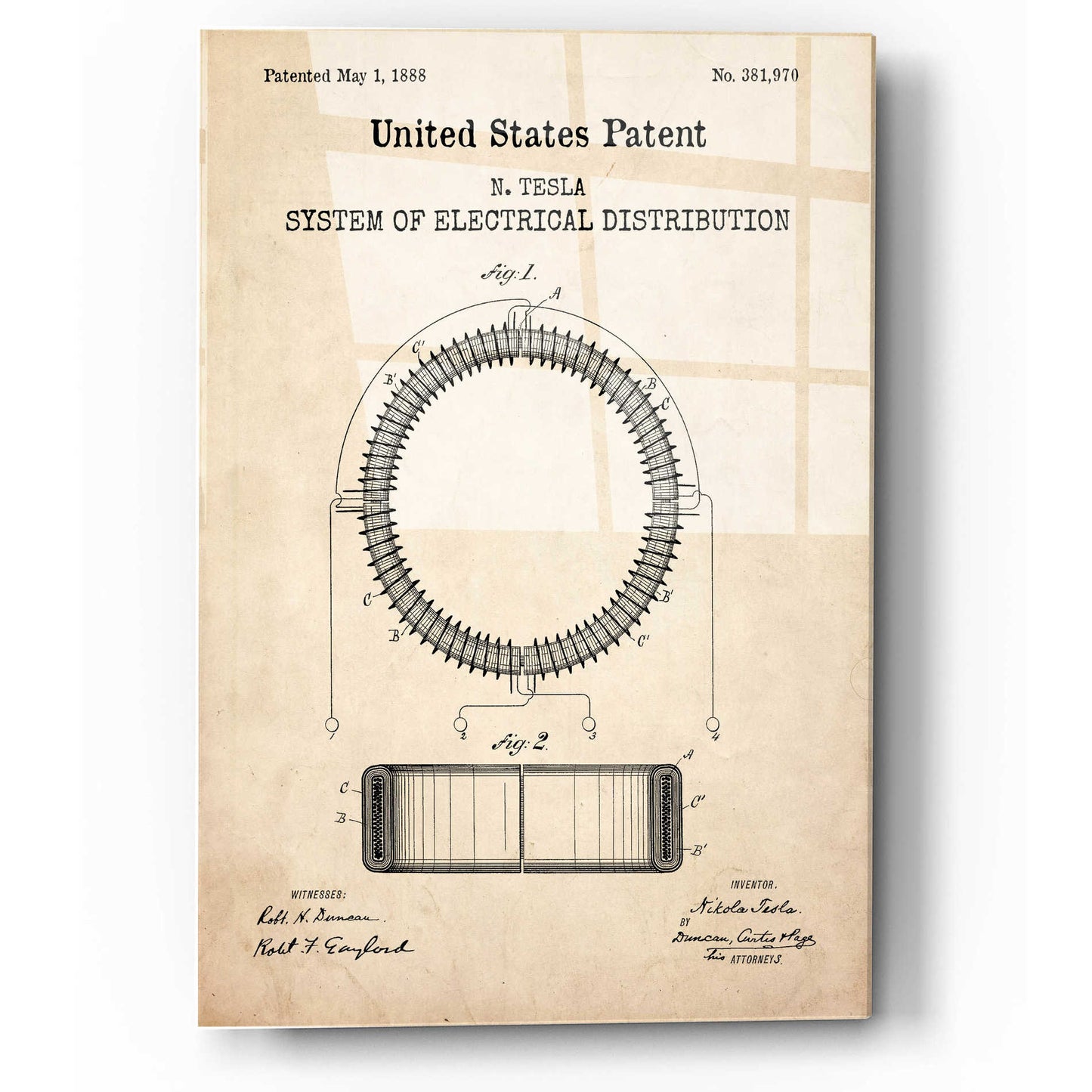 Epic Art 'Tesla's System of Electrical Distribution Blueprint Patent Parchment,' Acrylic Glass Wall Art,12x16