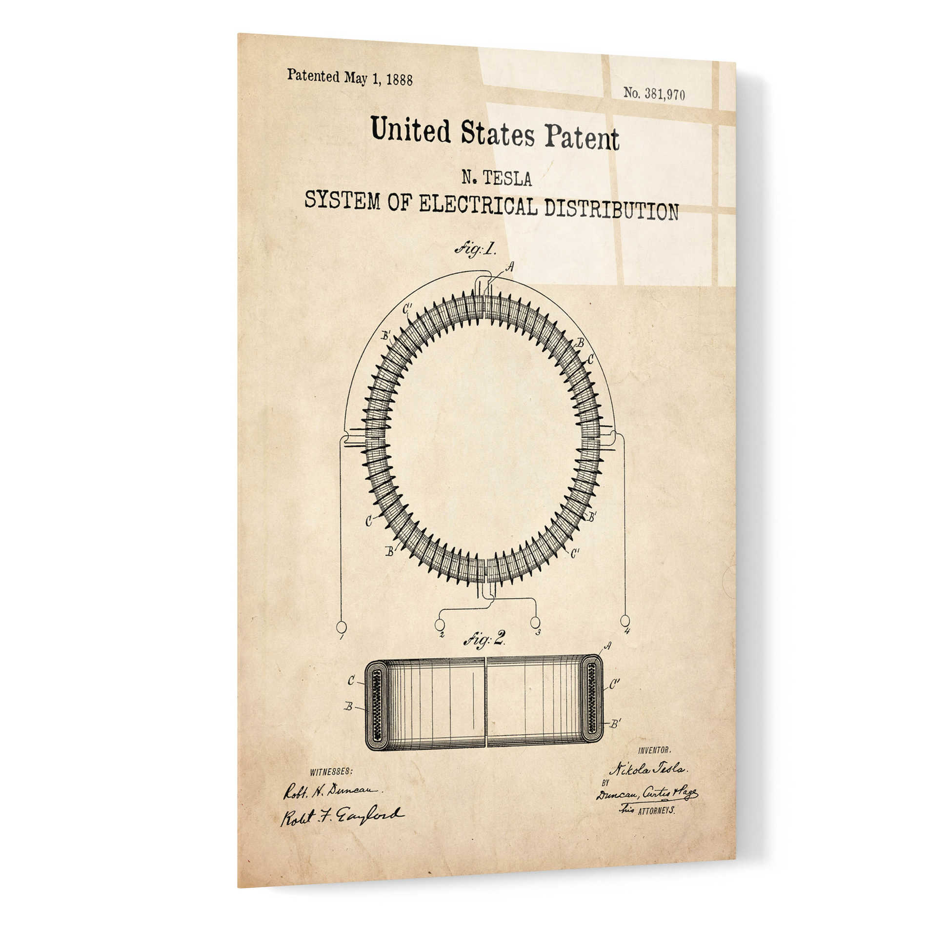 Epic Art 'Tesla's System of Electrical Distribution Blueprint Patent Parchment,' Acrylic Glass Wall Art,16x24