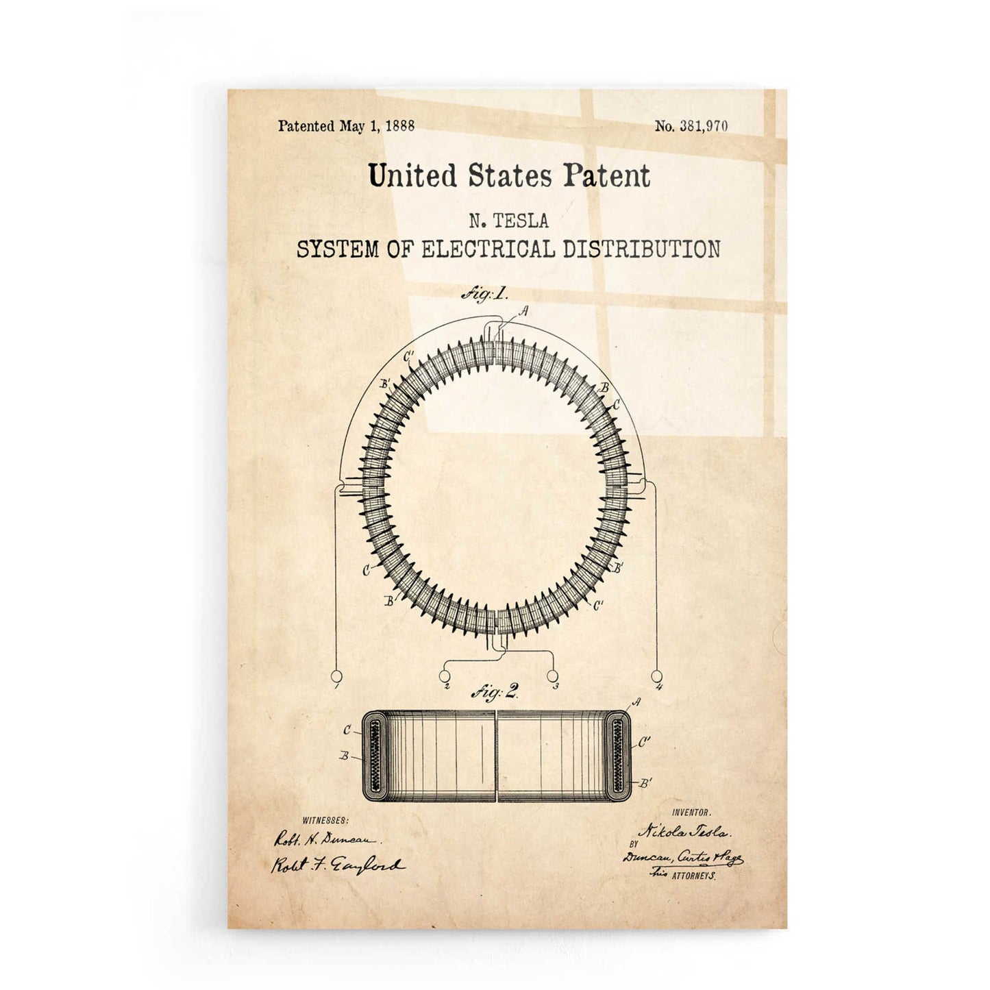 Epic Art 'Tesla's System of Electrical Distribution Blueprint Patent Parchment,' Acrylic Glass Wall Art,16x24