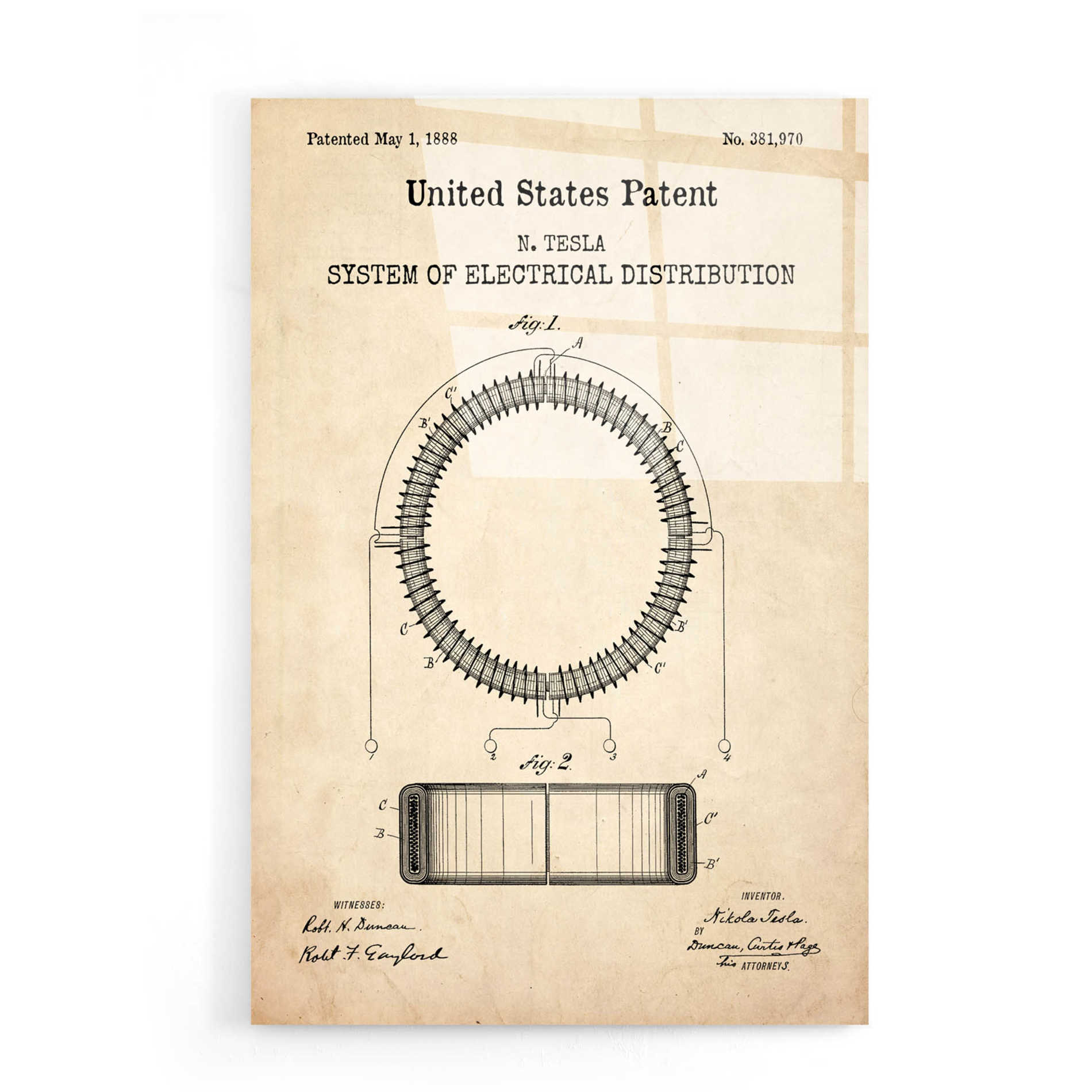 Epic Art 'Tesla's System of Electrical Distribution Blueprint Patent Parchment,' Acrylic Glass Wall Art,16x24