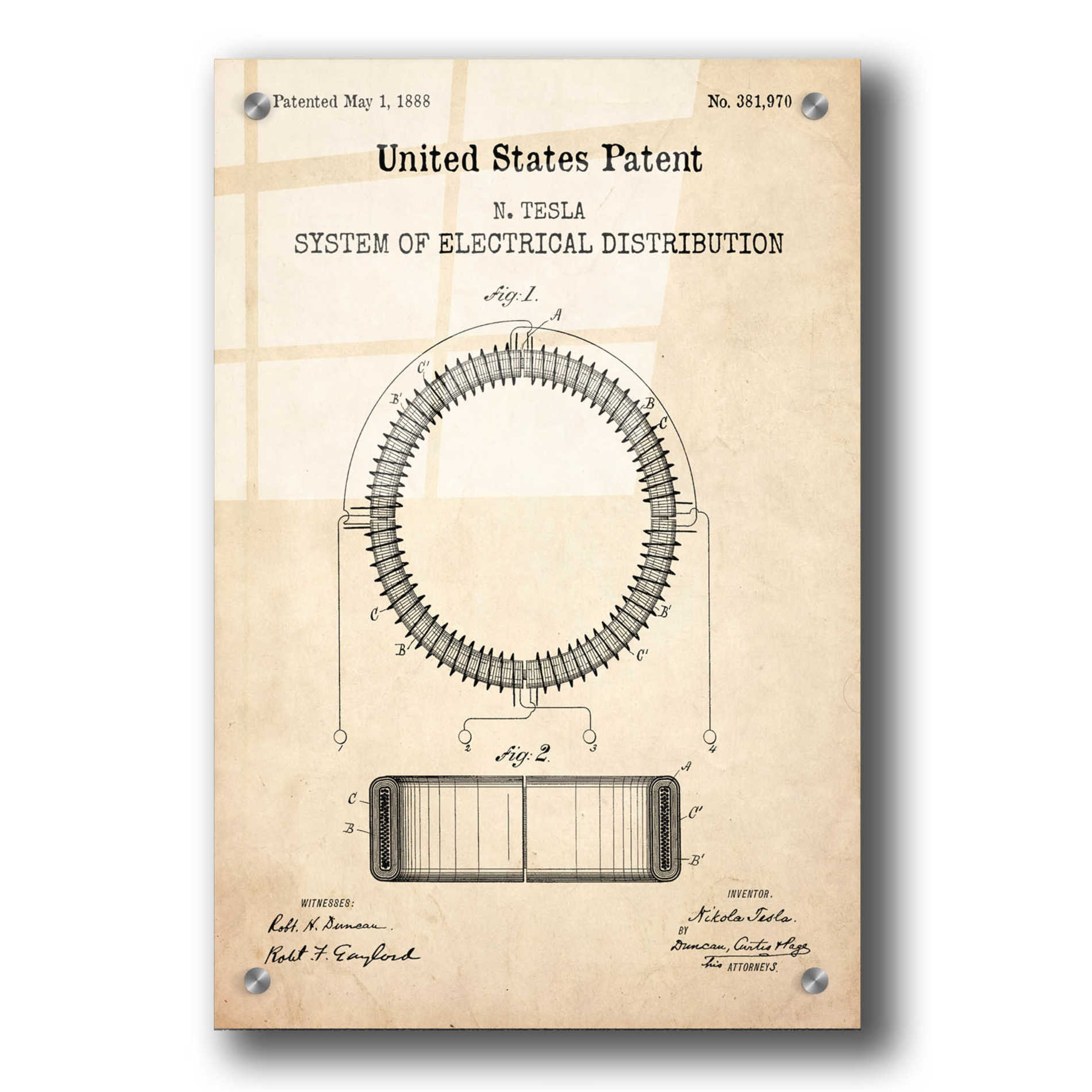 Epic Art 'Tesla's System of Electrical Distribution Blueprint Patent Parchment,' Acrylic Glass Wall Art,24x36