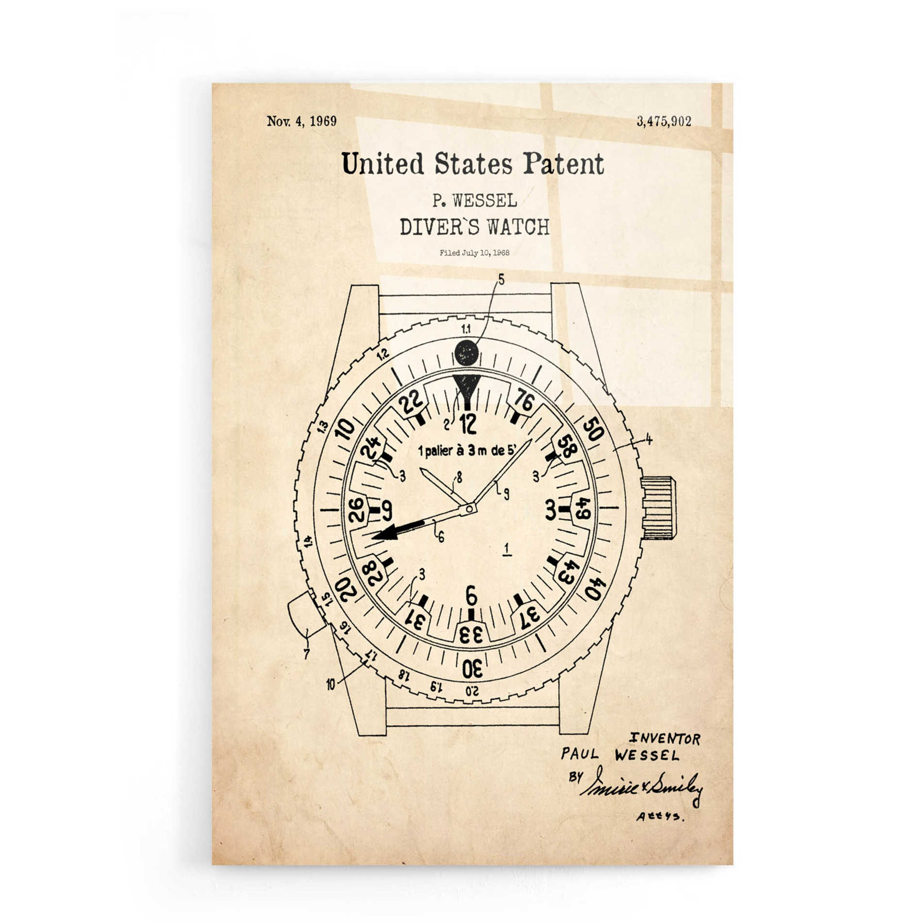 Epic Art 'Diver's Watch Blueprint Patent Parchment,' Acrylic Glass Wall Art,16x24