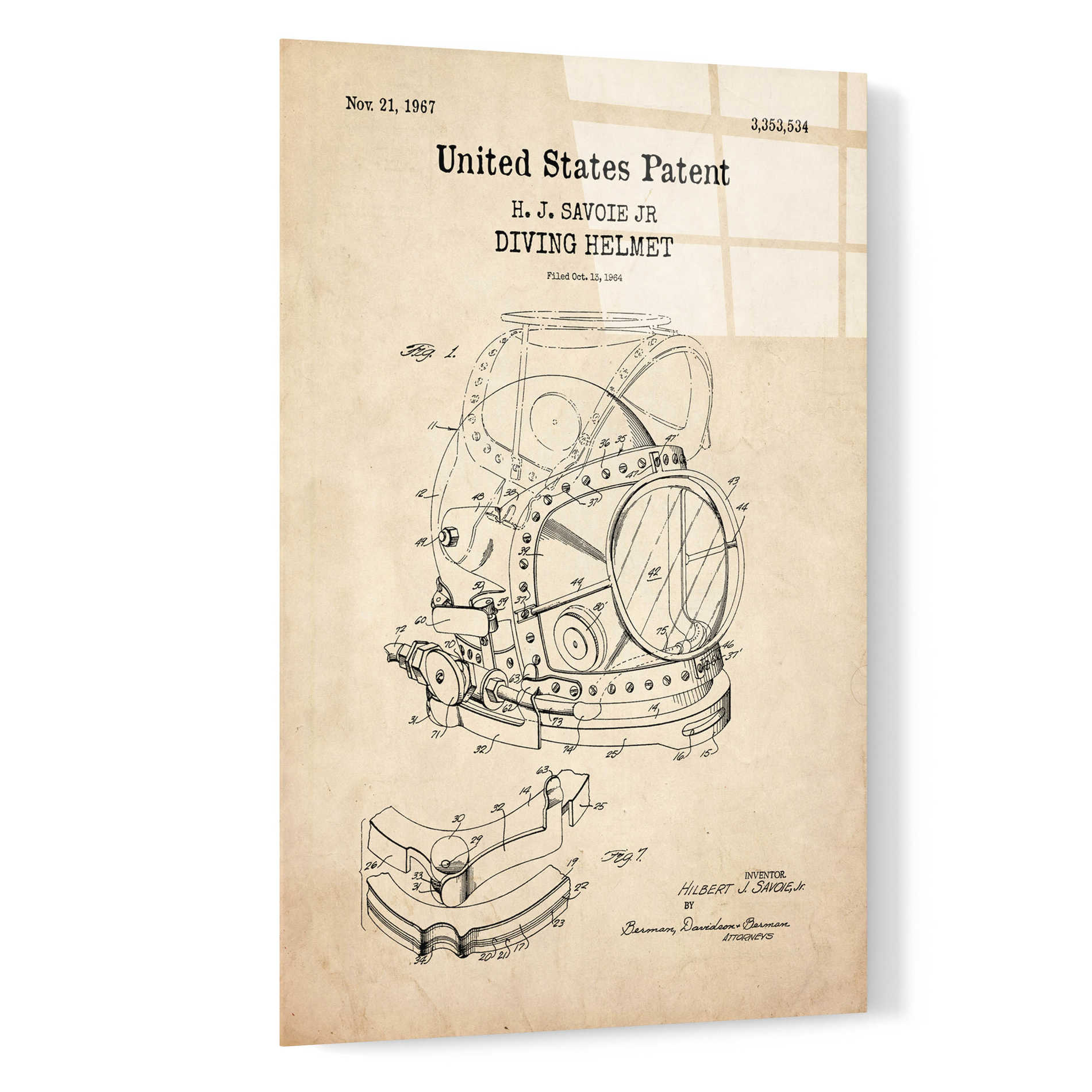 Epic Art 'Diving Helmet Blueprint Patent Parchment,' Acrylic Glass Wall Art,16x24