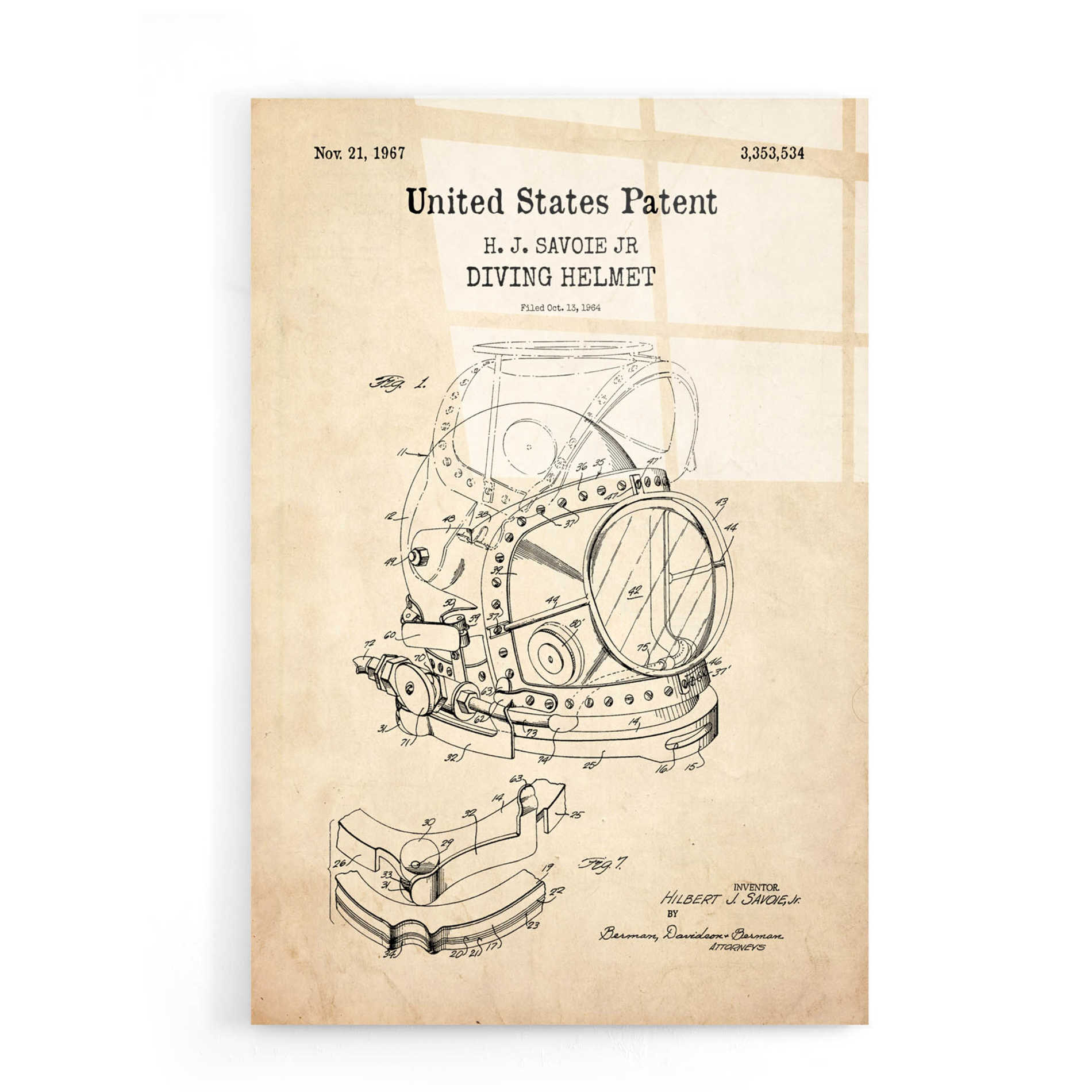Epic Art 'Diving Helmet Blueprint Patent Parchment,' Acrylic Glass Wall Art,16x24