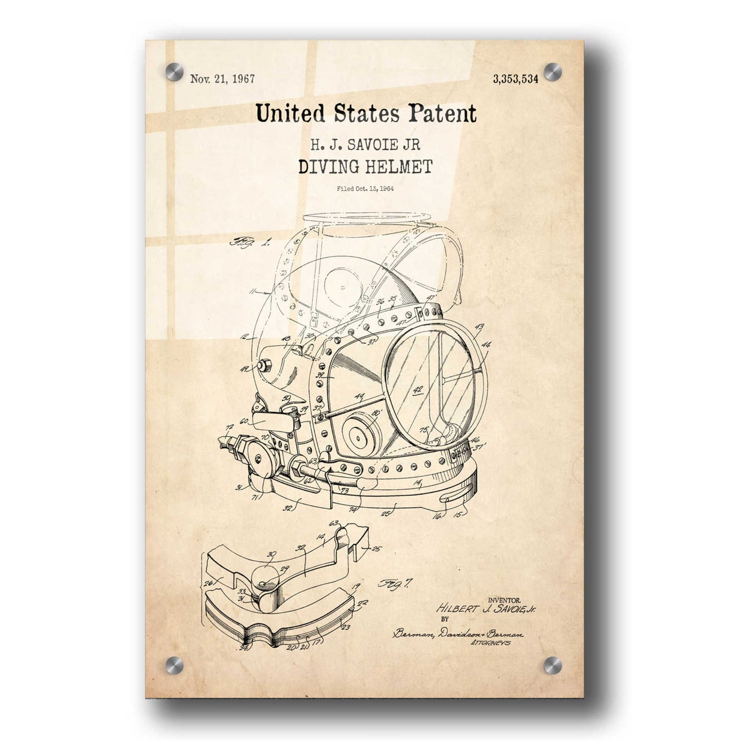 Epic Art 'Diving Helmet Blueprint Patent Parchment,' Acrylic Glass Wall Art,24x36