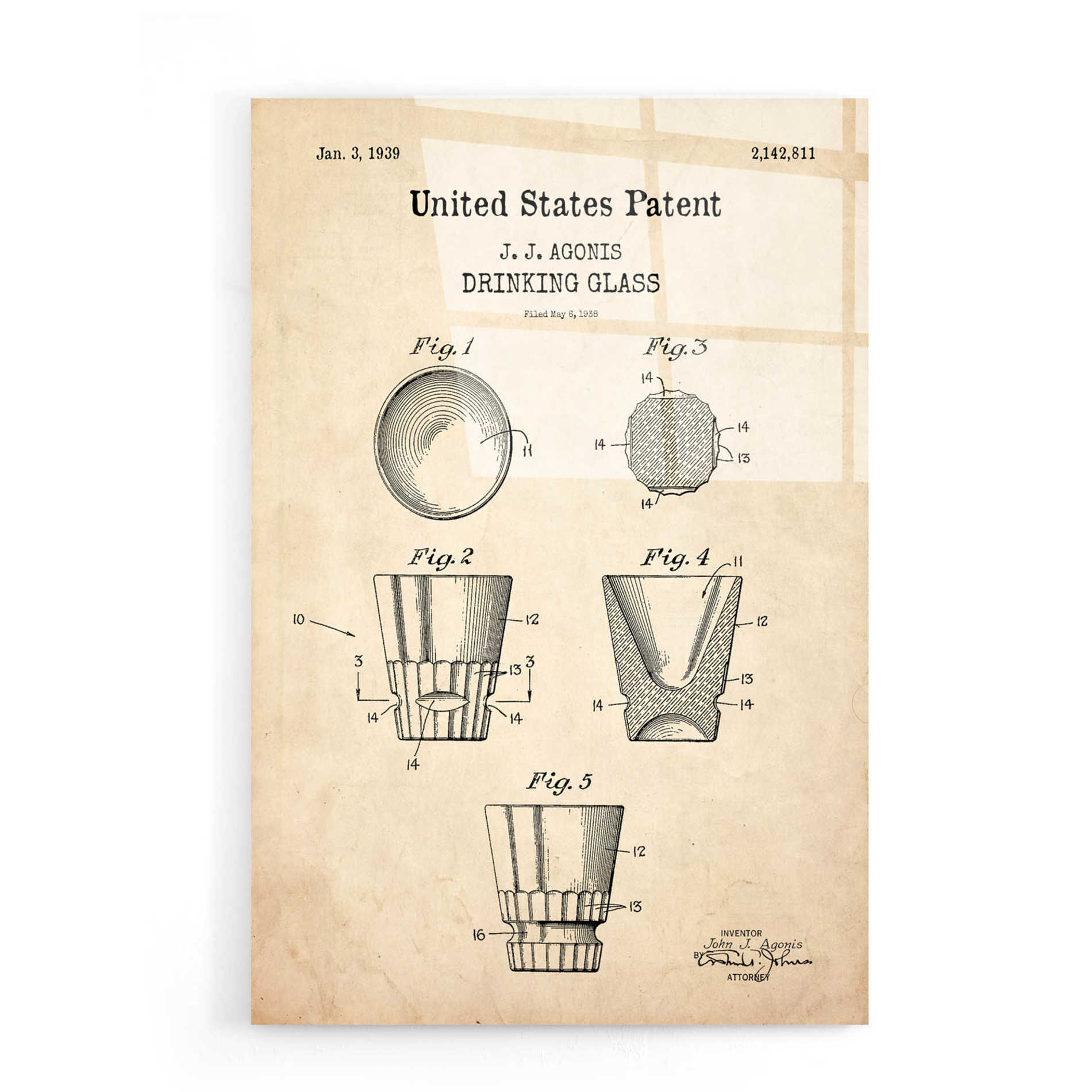 Epic Art 'Drinking Glass Blueprint Patent Parchment,' Acrylic Glass Wall Art,16x24