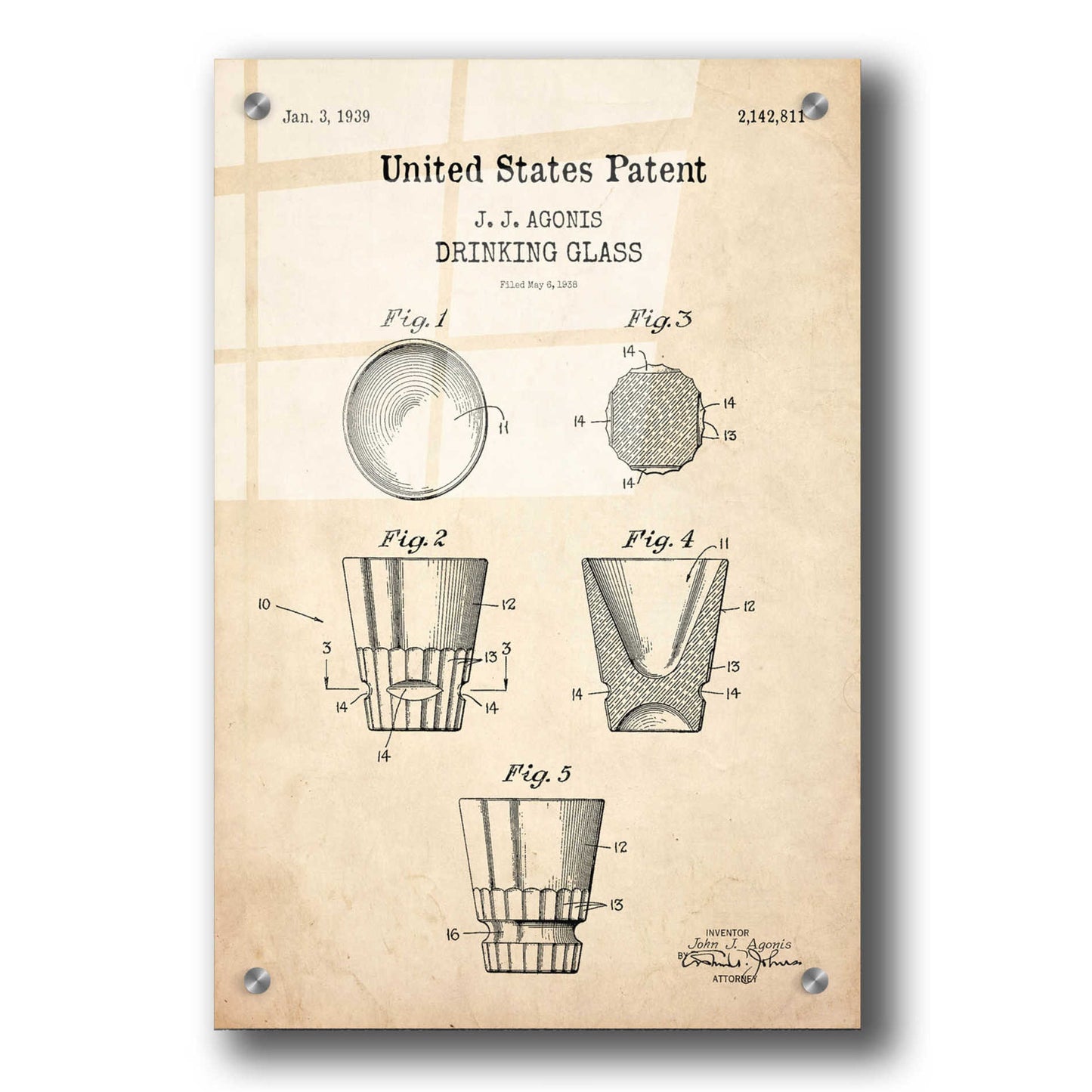 Epic Art 'Drinking Glass Blueprint Patent Parchment,' Acrylic Glass Wall Art,24x36
