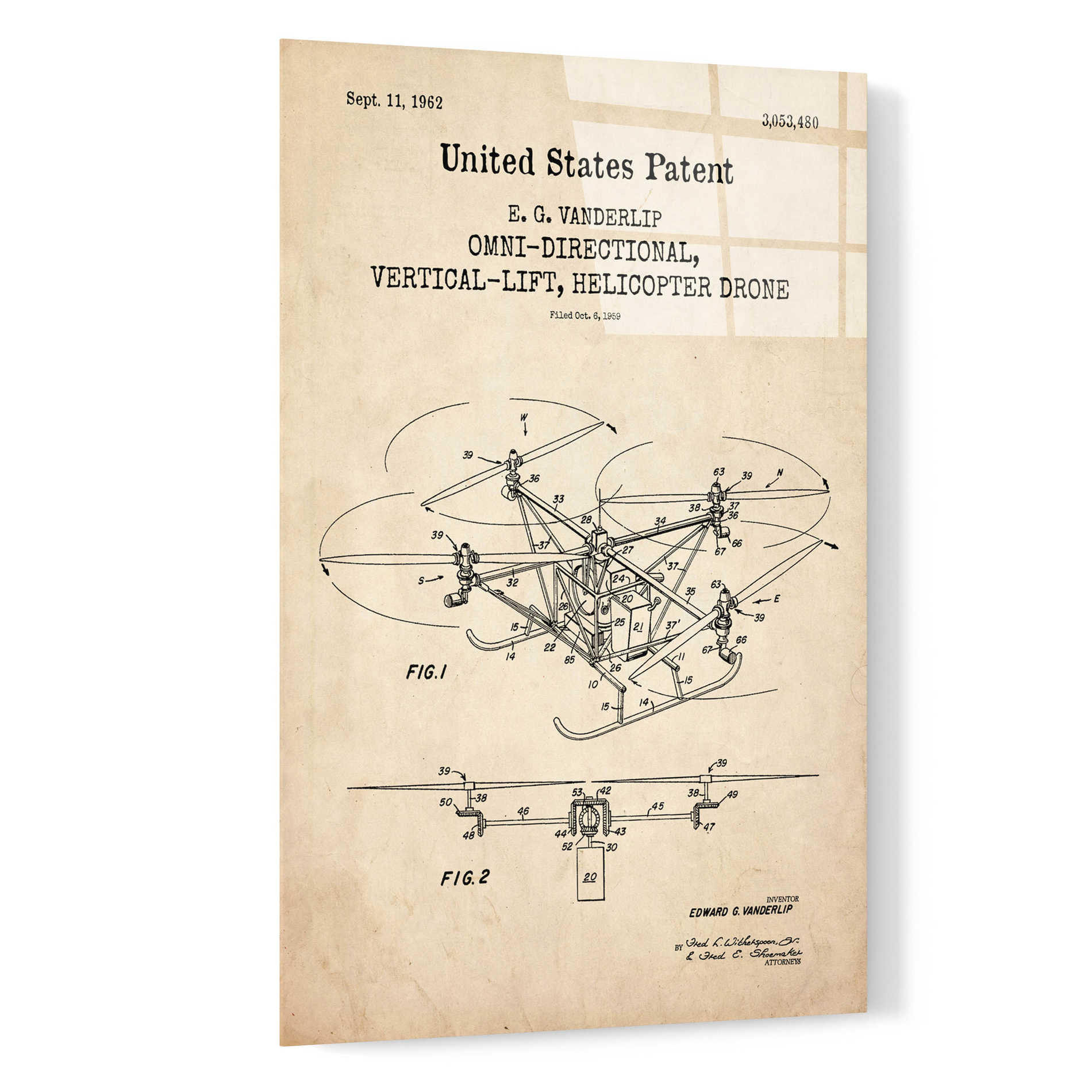 Epic Art 'Drone Blueprint Patent Parchment,' Acrylic Glass Wall Art,16x24