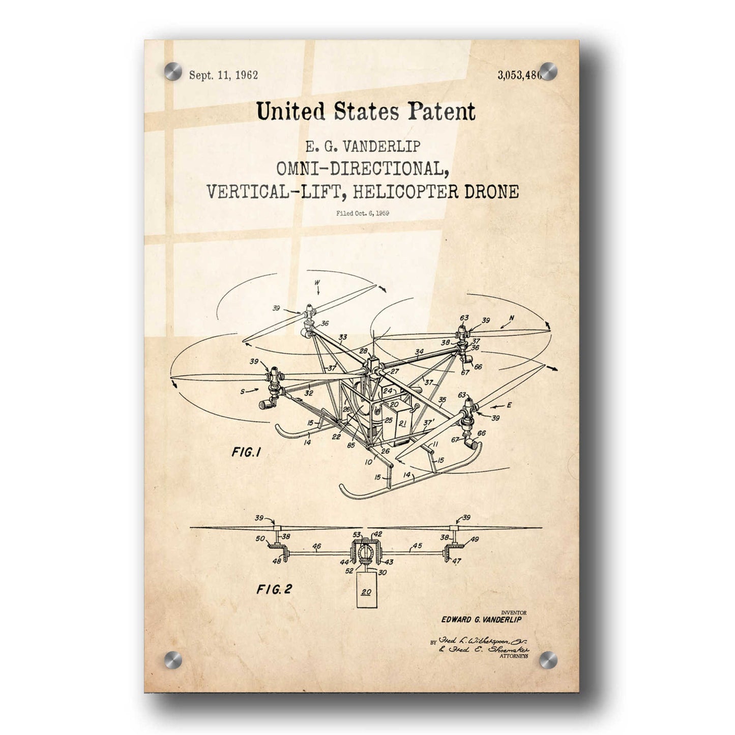 Epic Art 'Drone Blueprint Patent Parchment,' Acrylic Glass Wall Art,24x36