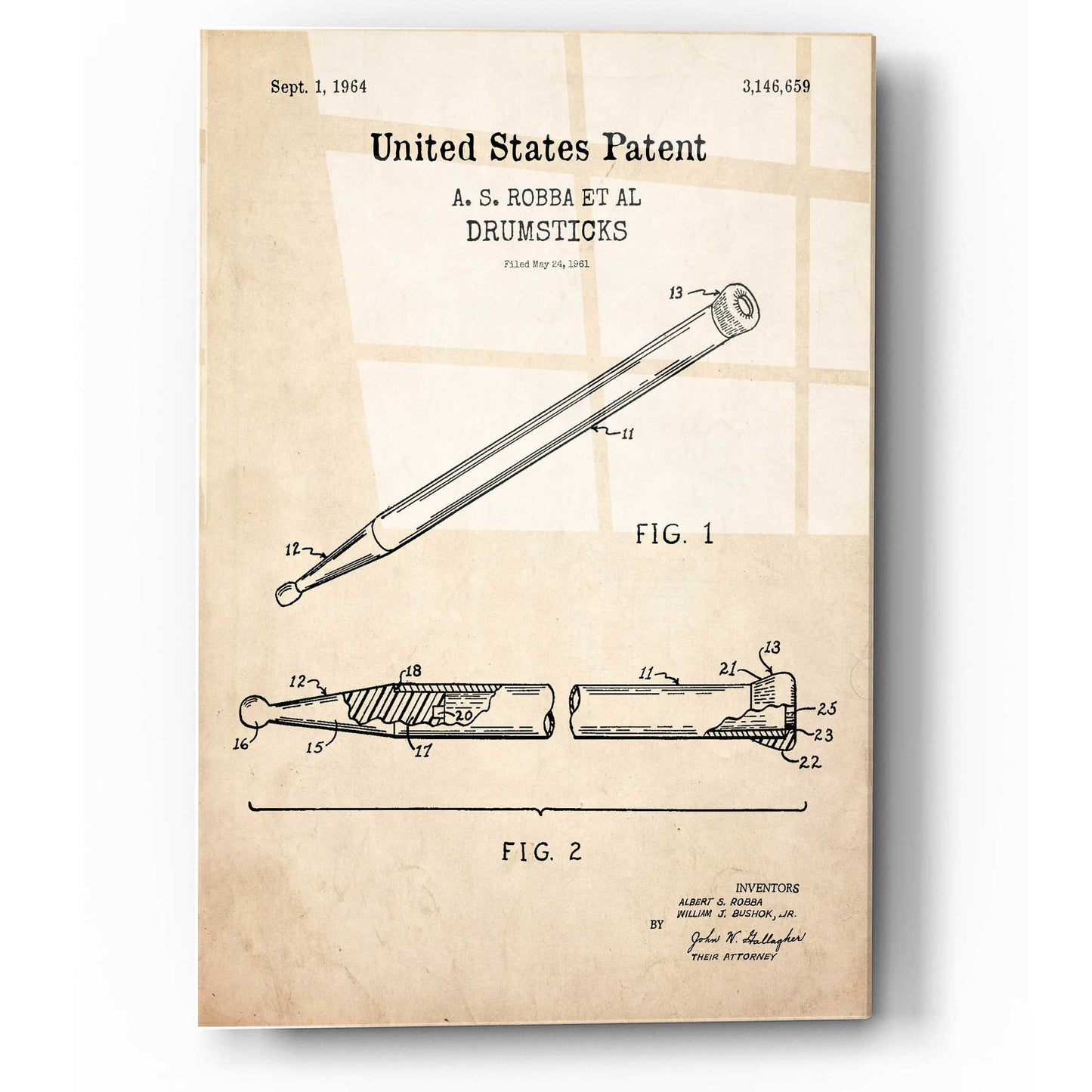 Epic Art 'Drumsticks, 1964 Blueprint Patent Parchment,' Acrylic Glass Wall Art,12x16