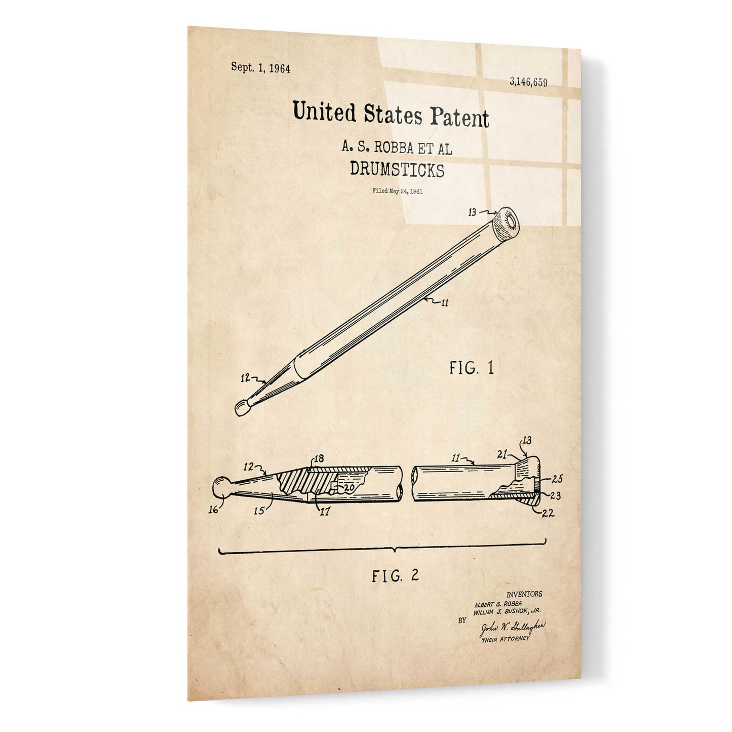 Epic Art 'Drumsticks, 1964 Blueprint Patent Parchment,' Acrylic Glass Wall Art,16x24