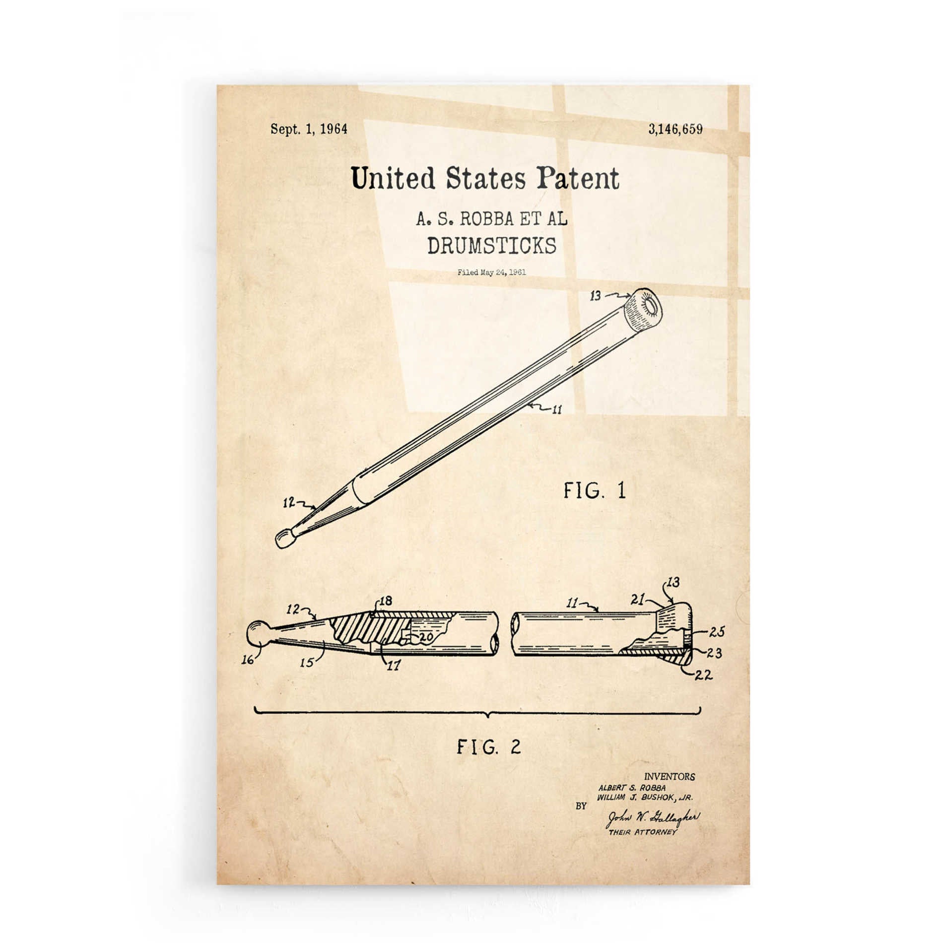 Epic Art 'Drumsticks, 1964 Blueprint Patent Parchment,' Acrylic Glass Wall Art,16x24
