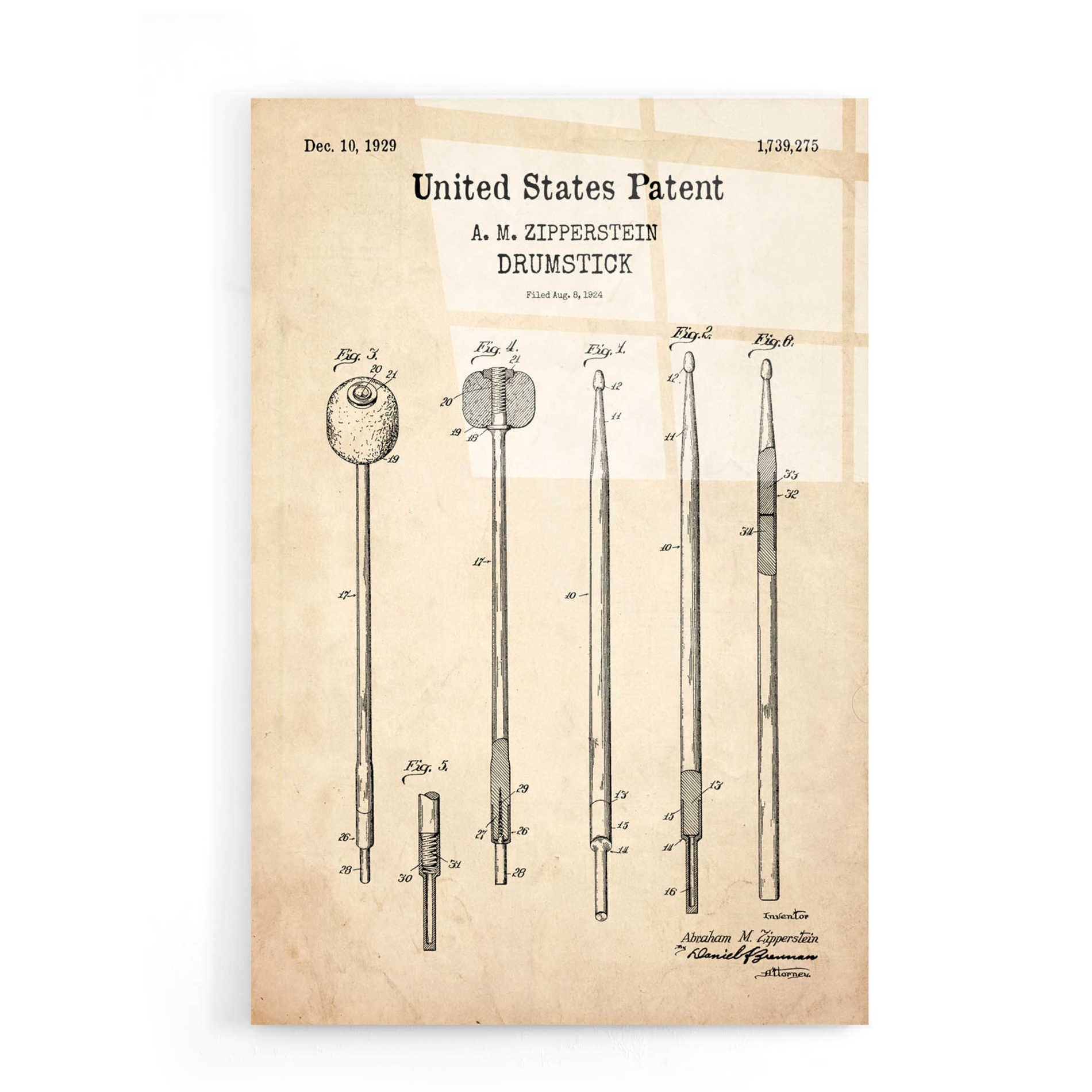 Epic Art 'Drumsticks, 1929 Blueprint Patent Parchment,' Acrylic Glass Wall Art,16x24