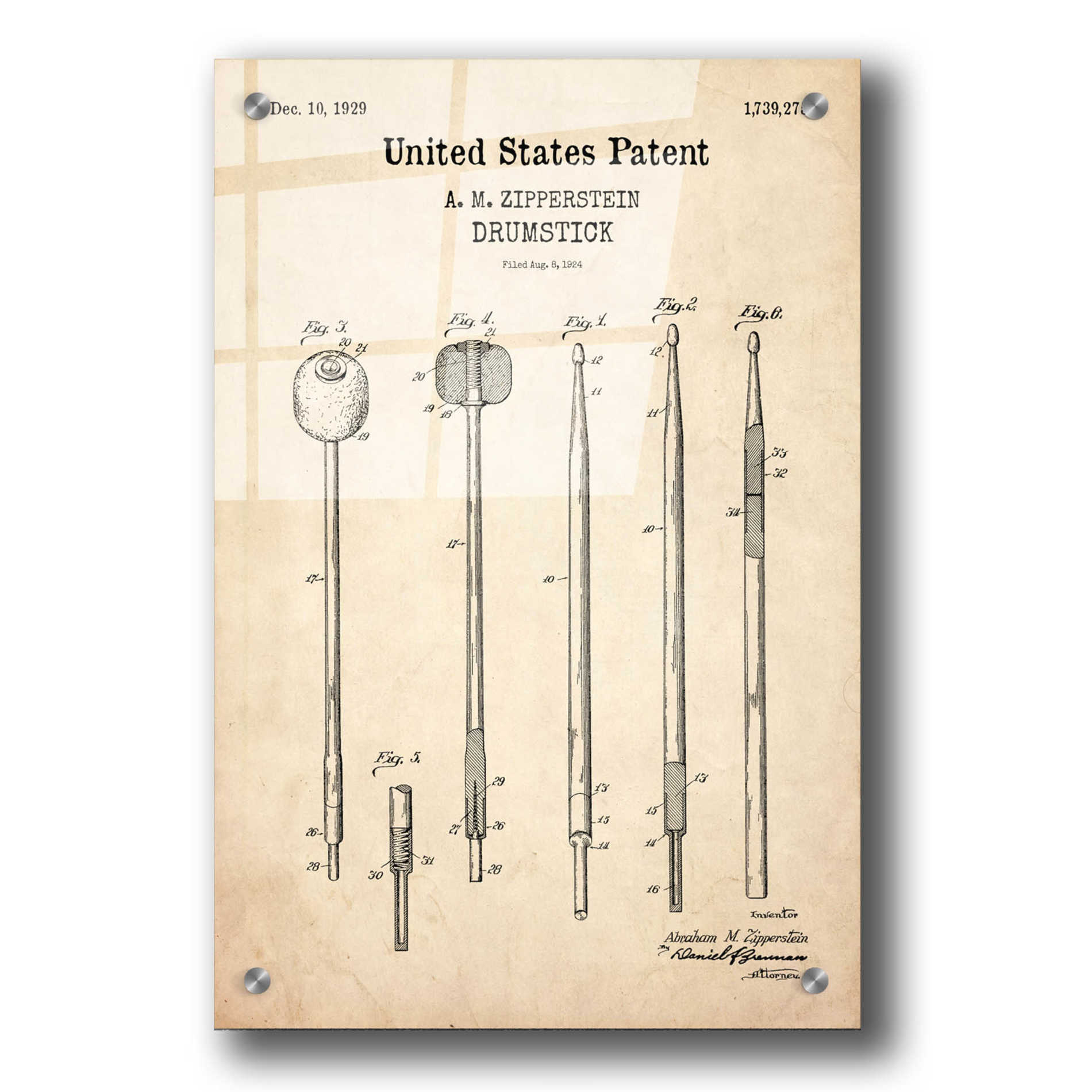 Epic Art 'Drumsticks, 1929 Blueprint Patent Parchment,' Acrylic Glass Wall Art,24x36