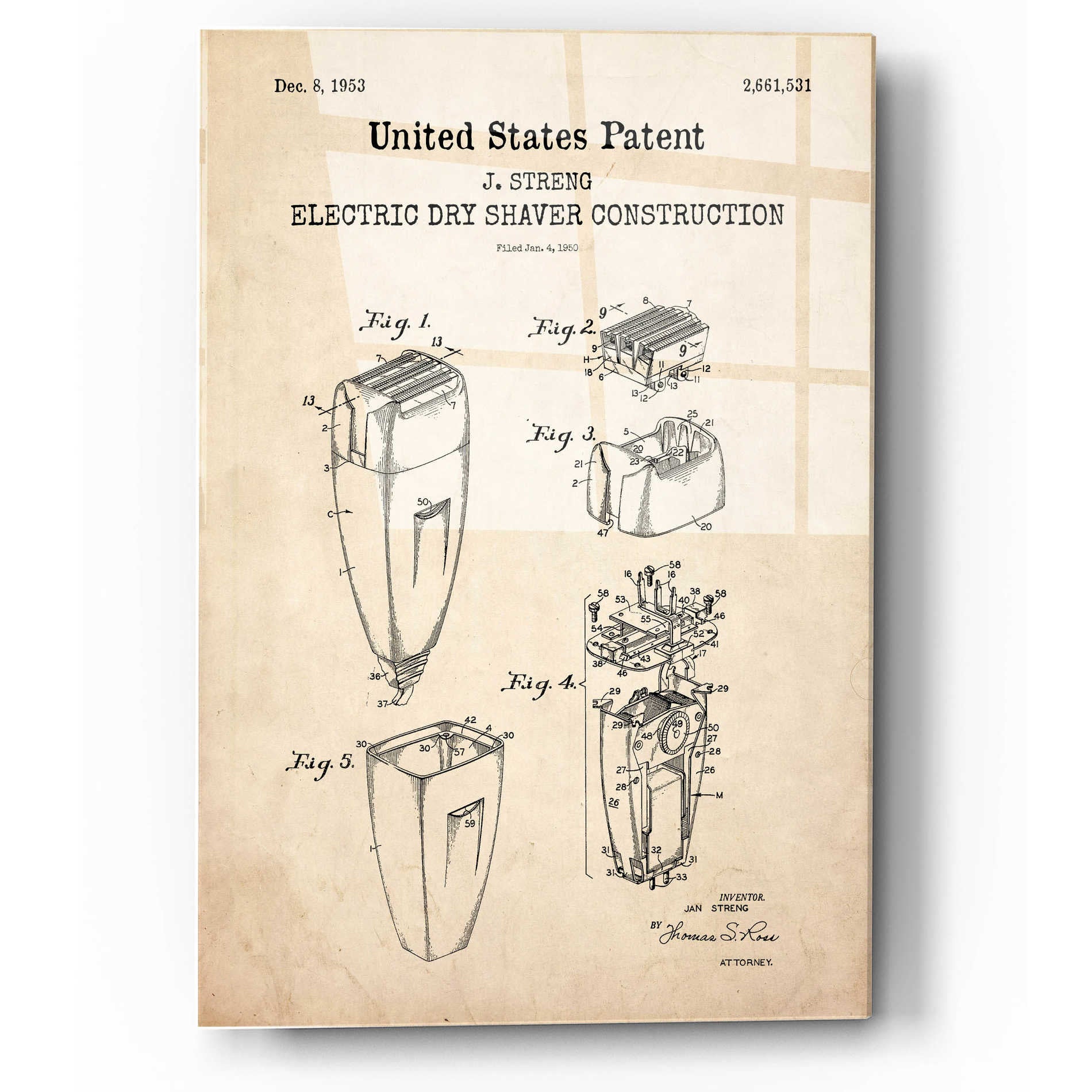 Epic Art 'Dry Shaver Blueprint Patent Parchment,' Acrylic Glass Wall Art,12x16