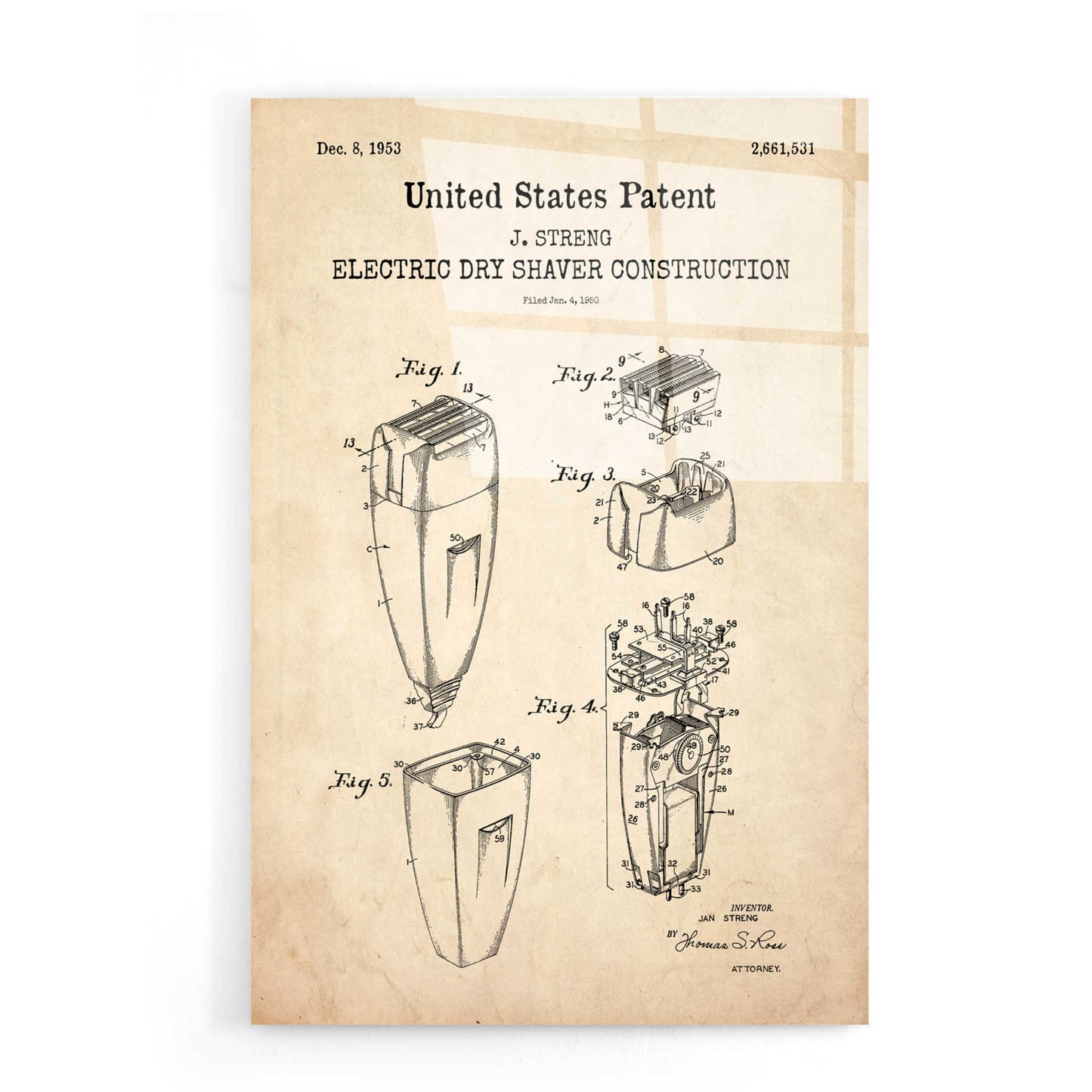 Epic Art 'Dry Shaver Blueprint Patent Parchment,' Acrylic Glass Wall Art,16x24